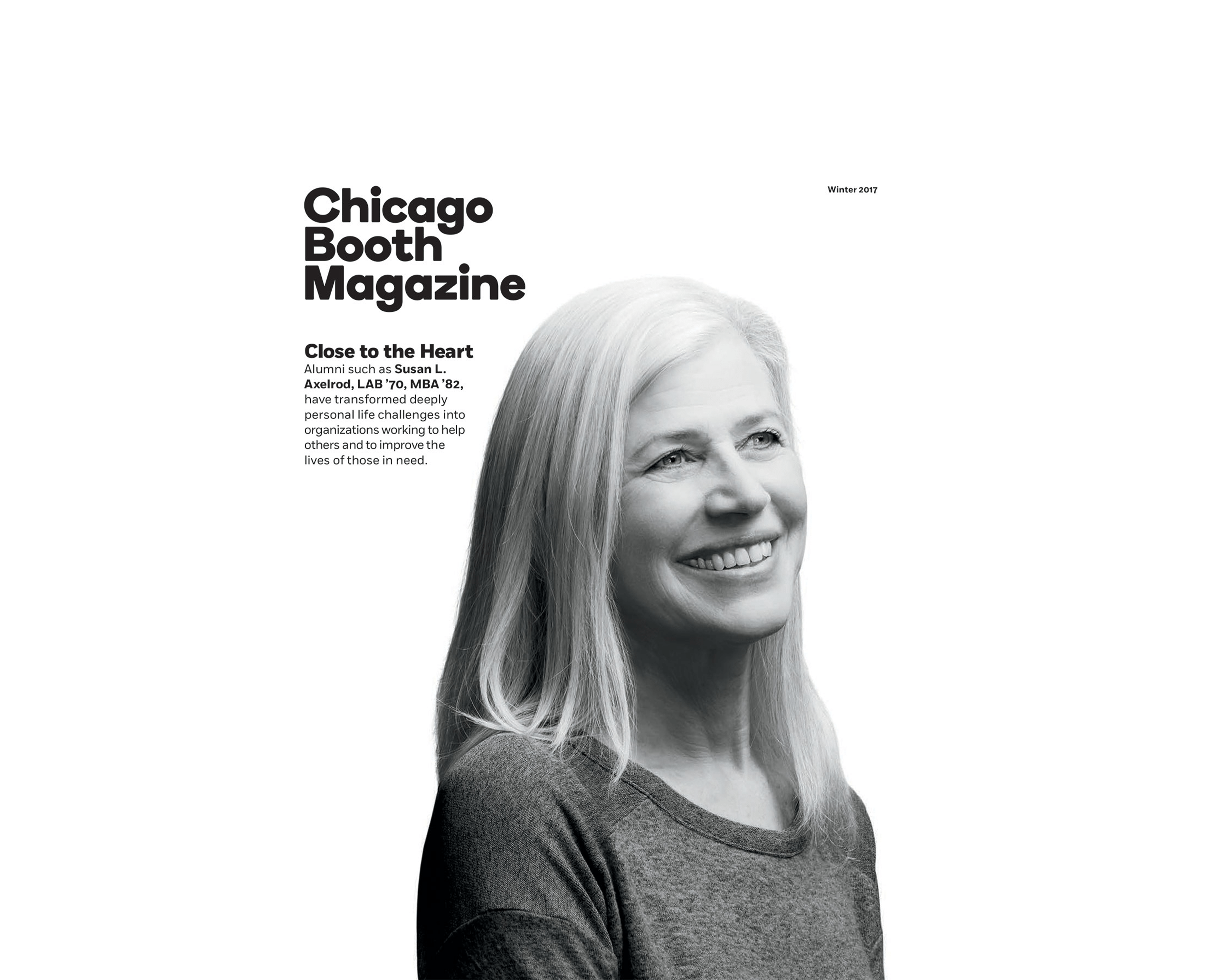 Susan Axelrod on the cover of Chicago Booth Magazine, Winter 2017