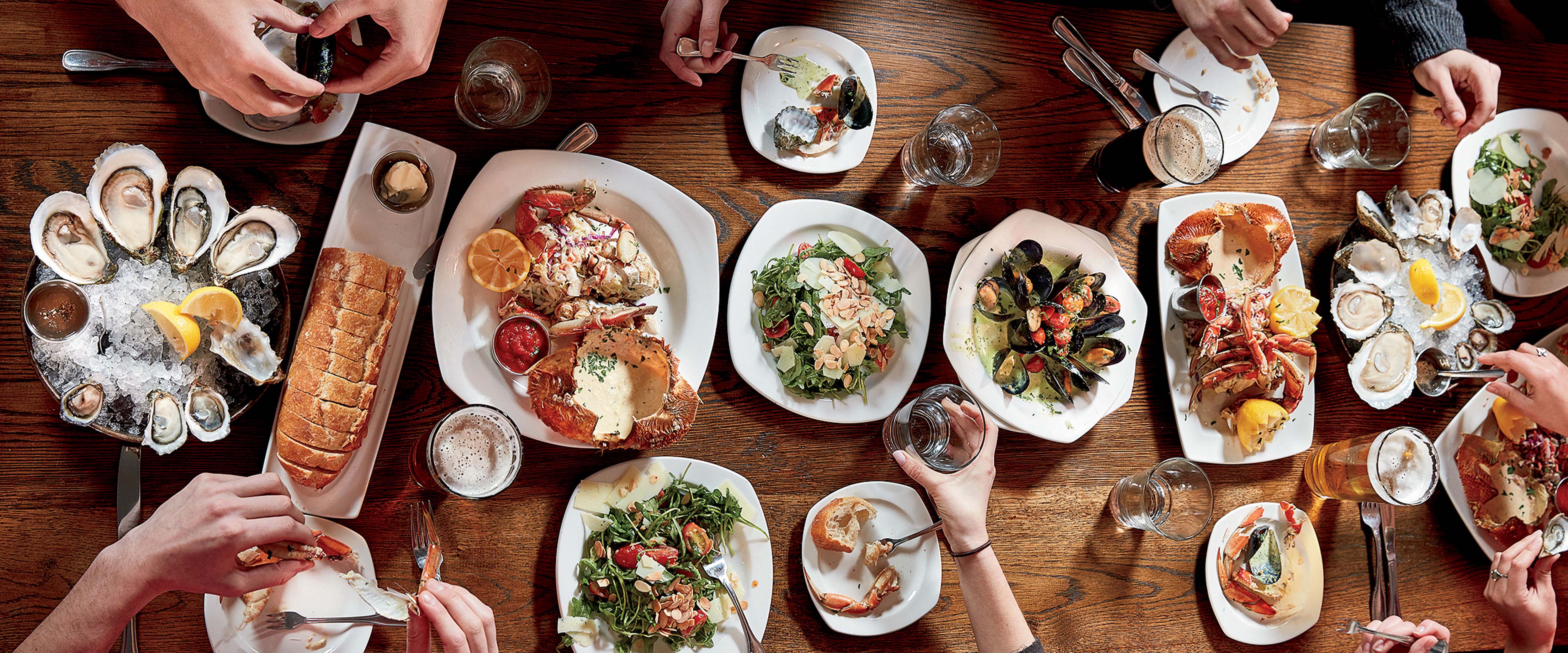 Bird's eye view of seafood dinner in Seattle, Washington
