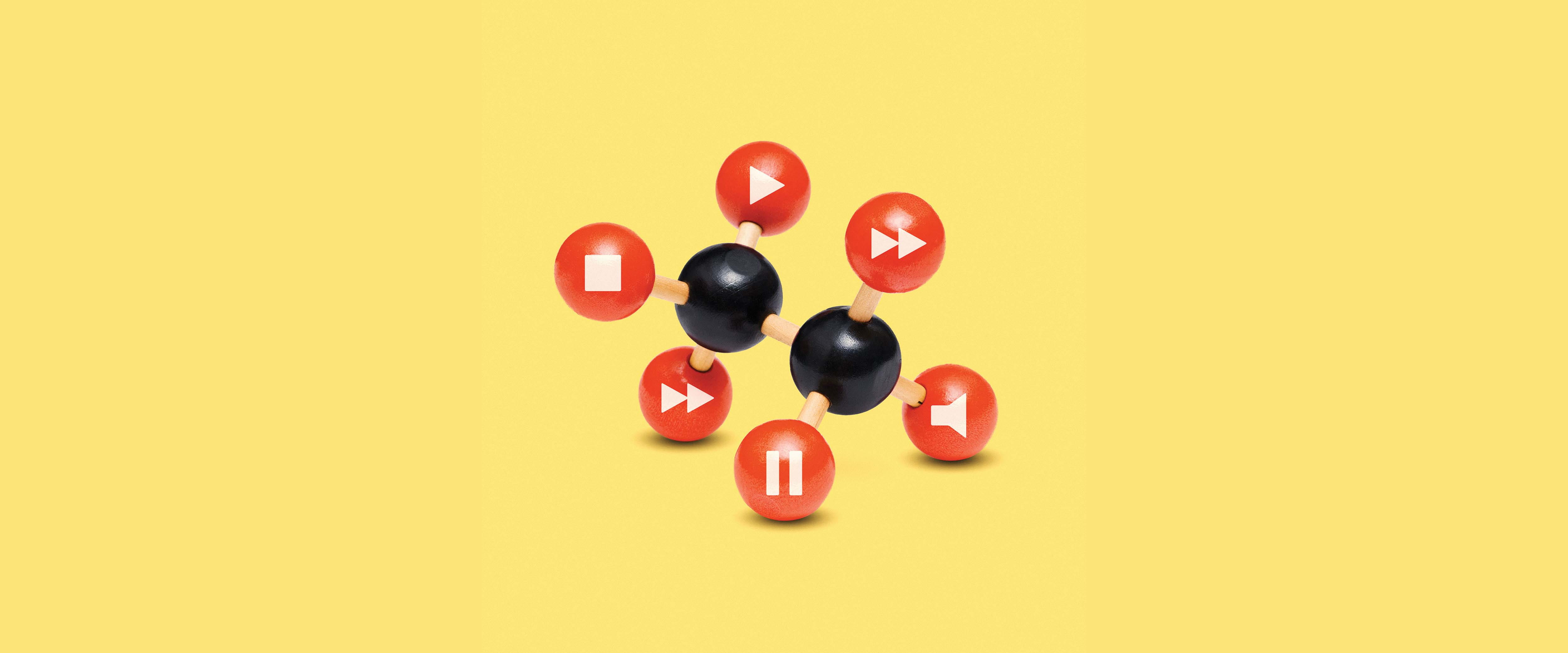 A molecular structure overlaid with playback buttons