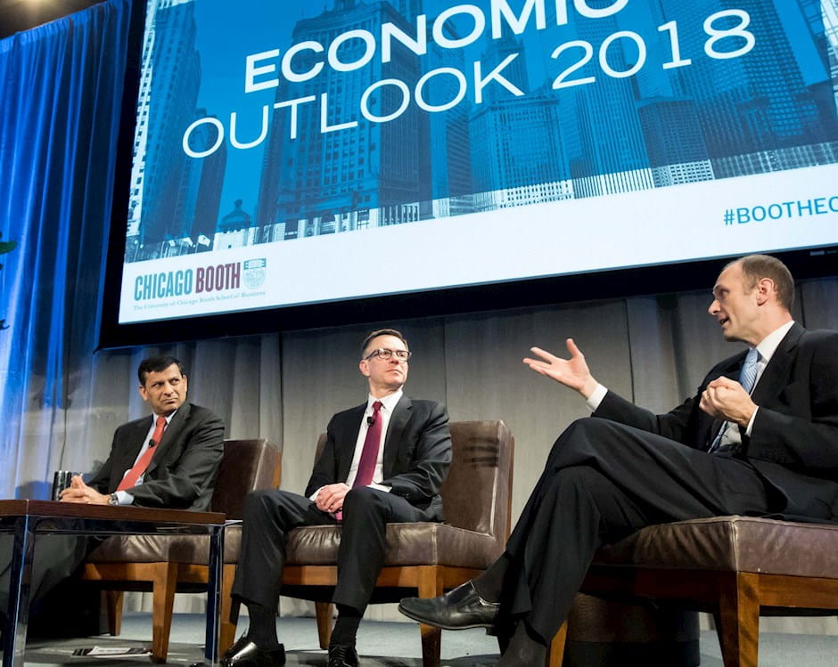 "CNBC’s Michelle Caruso-Cabrera moderating Economic Outlook panel in Chicago, featuring Booth faculty members Raghuram G. Rajan, Randall S. Kroszner, and Austan D. Goolsbee. Photograph by Anne Ryan "