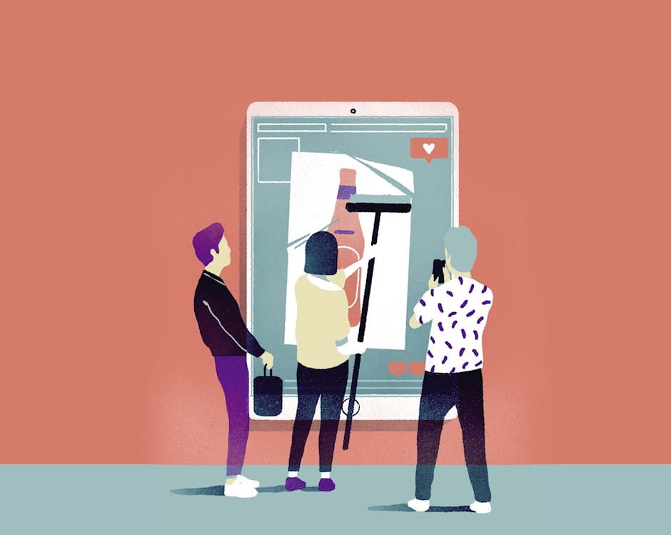 Illustration of a group of people painting social media on an oversized tablet