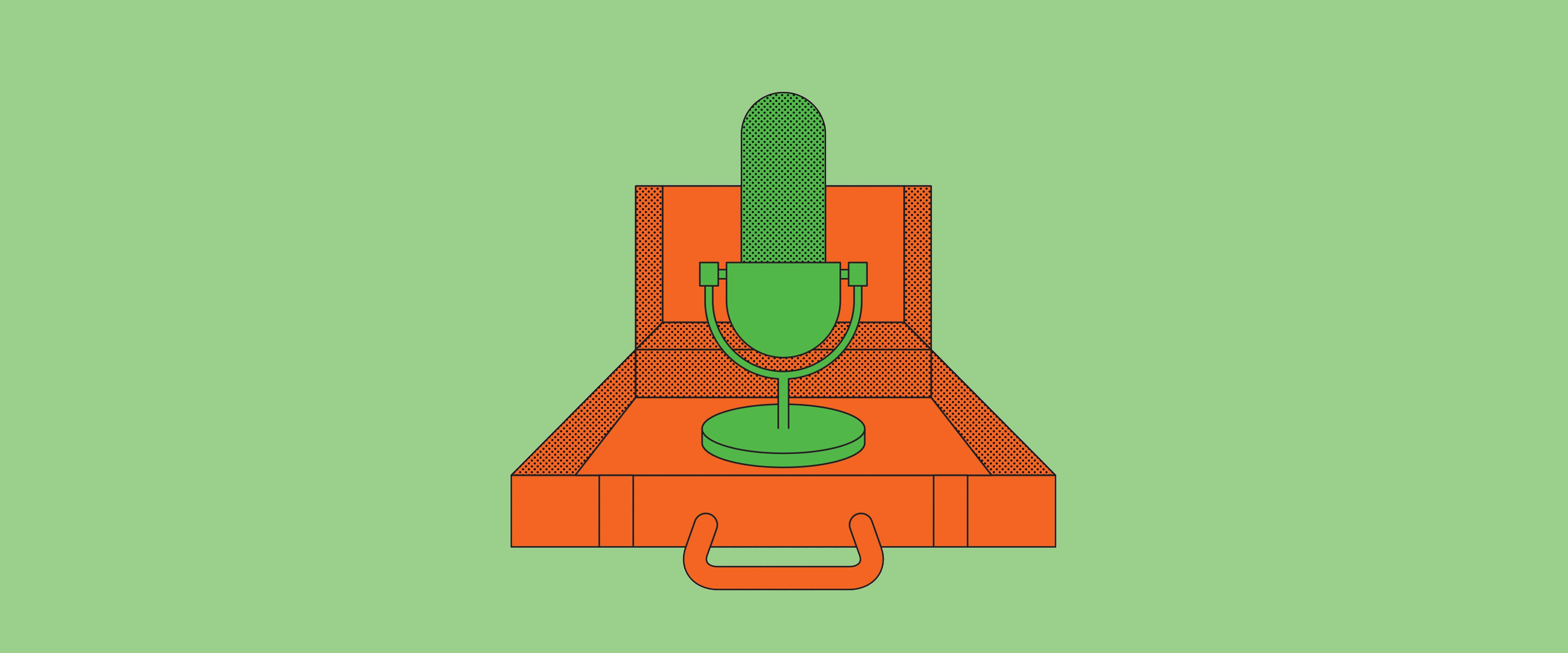 A microphone inside an open suitcase