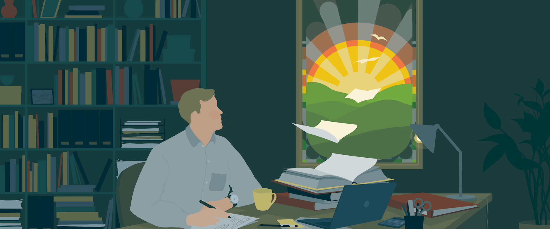 Illustrated man sitting at his office with sunlight starting to pour in through his window