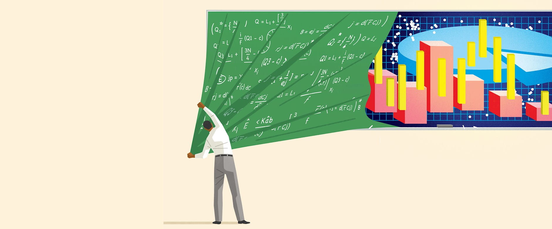 Digitally illustrated man pulling on a poster-like blackboard and graphs on the wall
