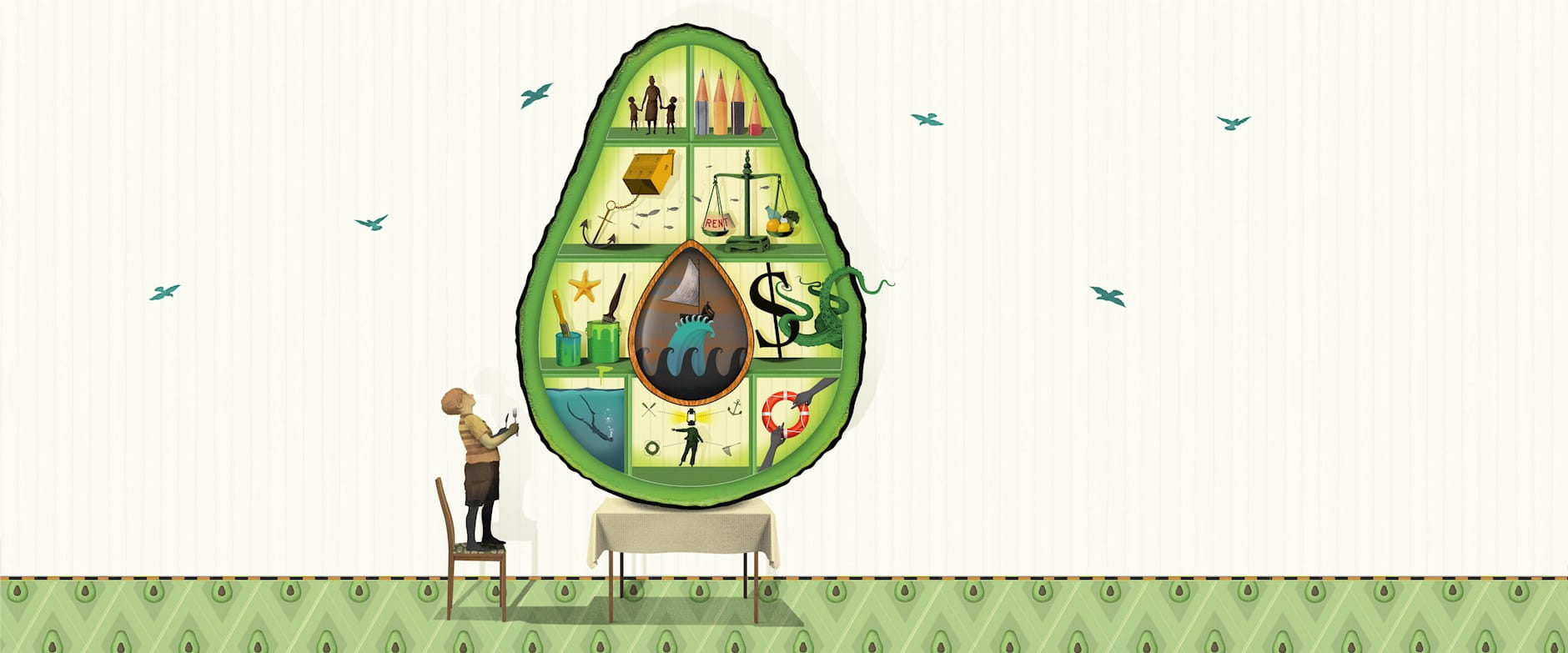 An illustrated oversized avocado used as a shelf, with a child standing next to it