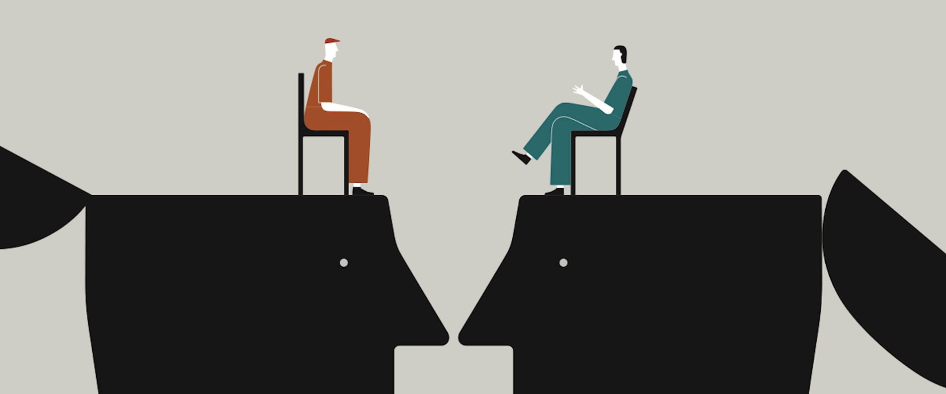 Two figures sitting in chairs, both on top of abstract heads. The two figures are talking to each other.