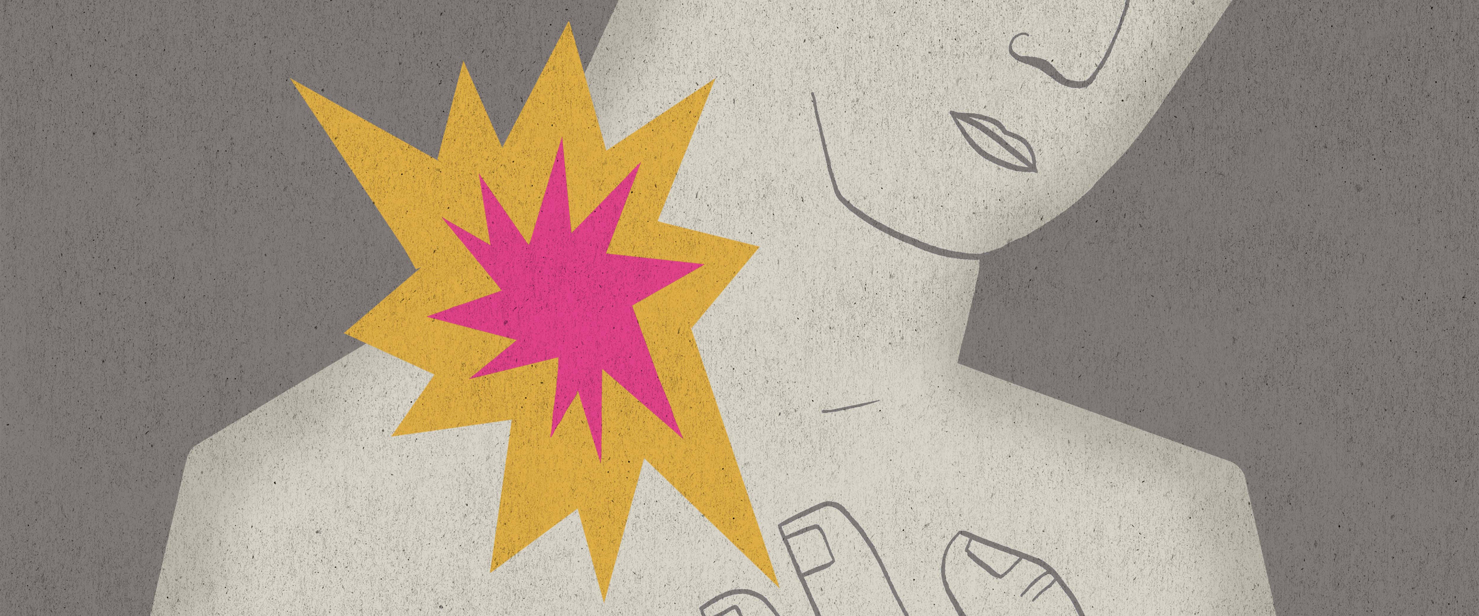 A simply illustrated person with yellow and pink spiky shape by their neck