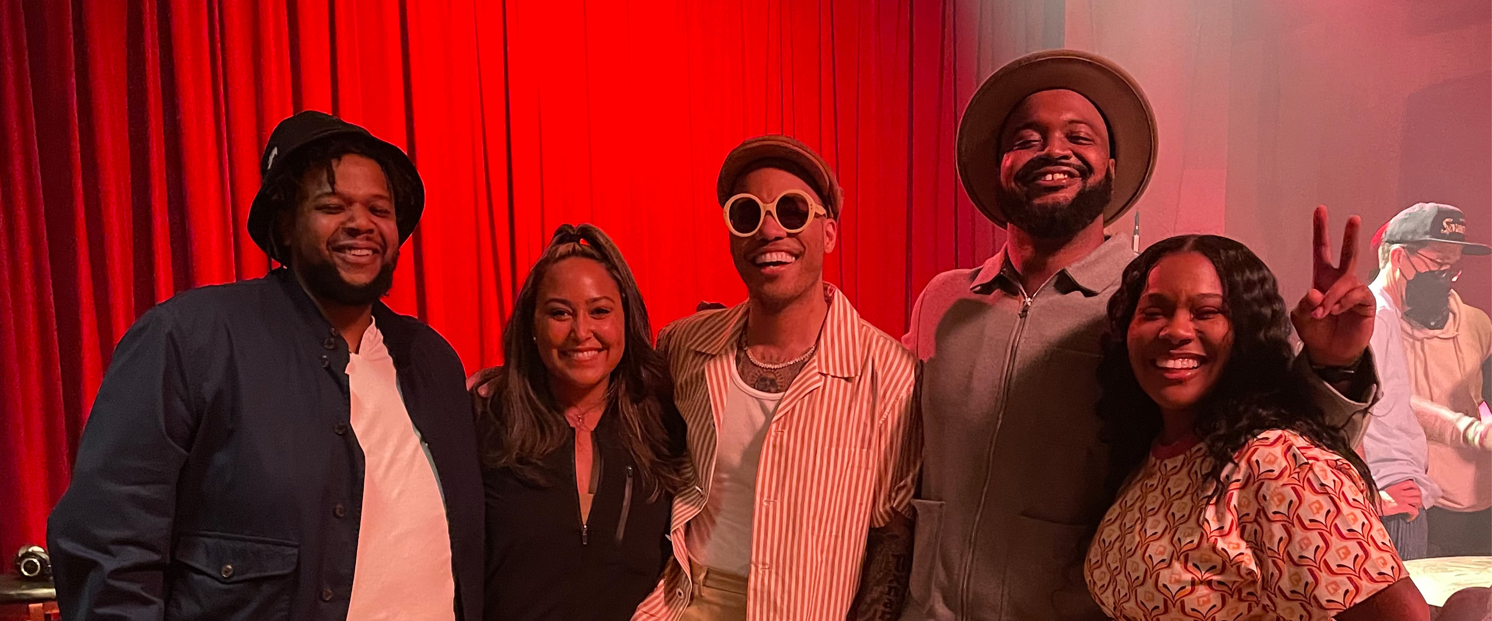 Morgan Franklin, a Booth MBA student, posing for a group photo with friends