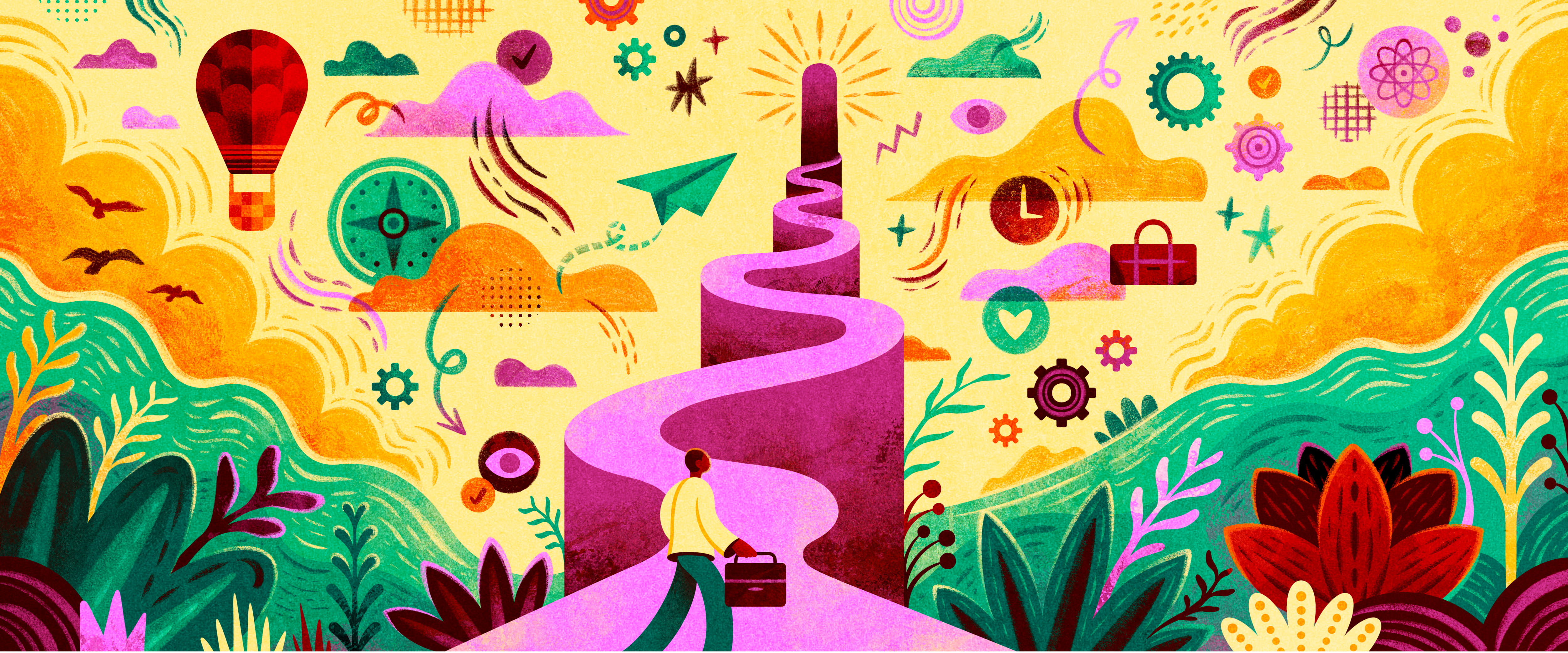 Colorful illustration of someone walking down a swirly path