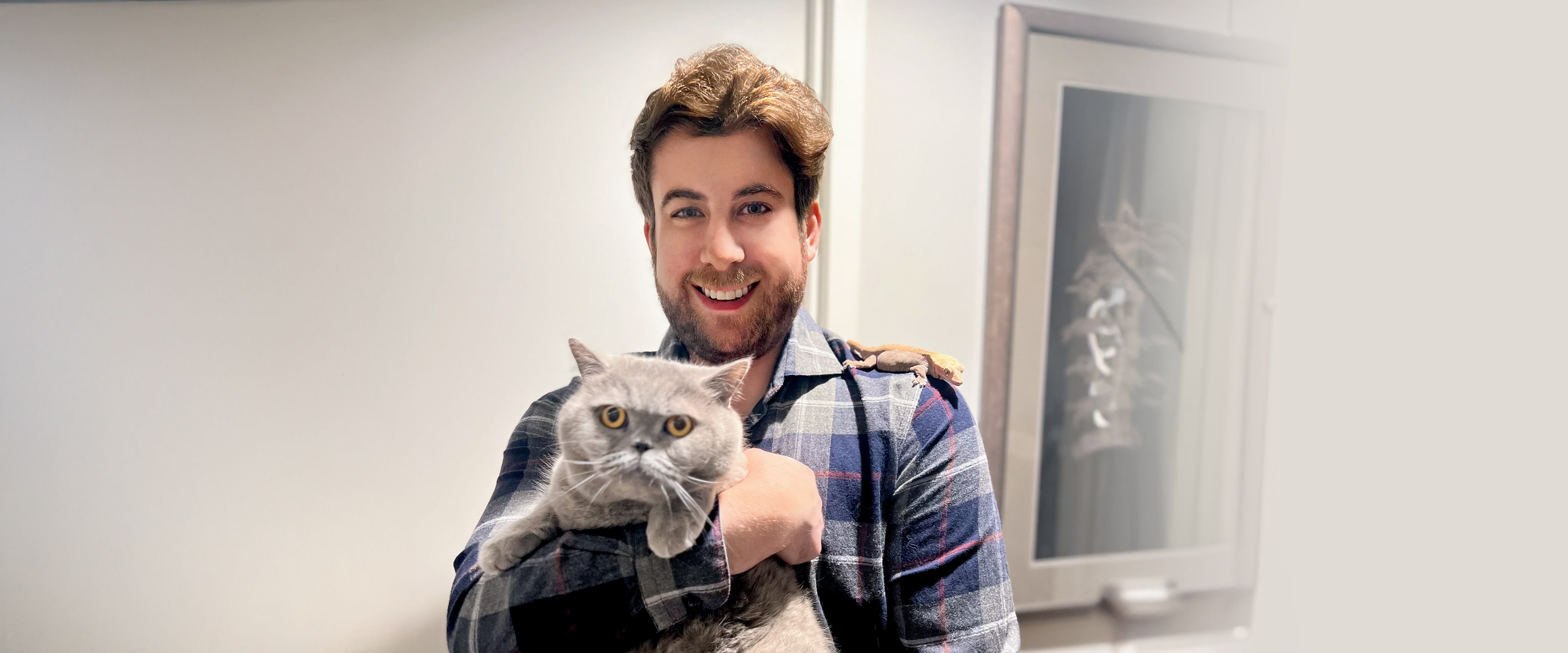 man holding grey cat