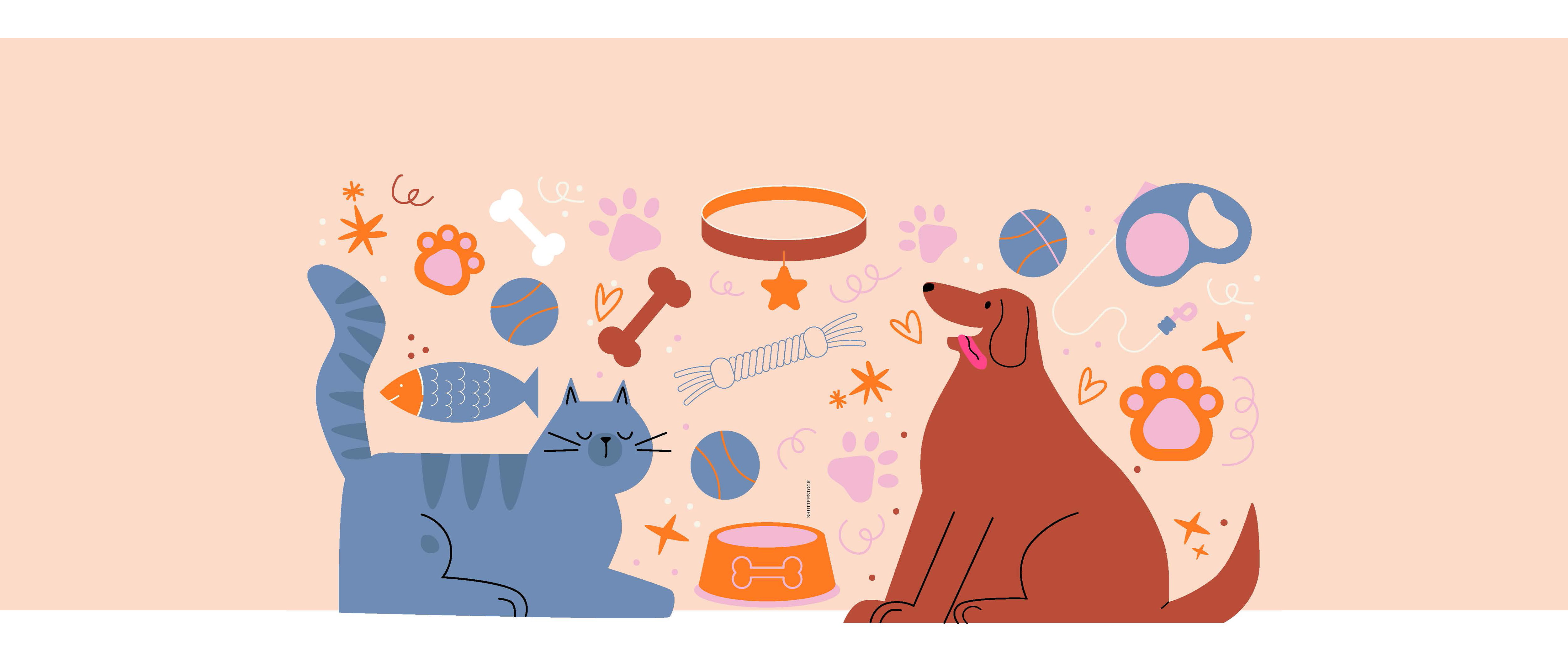 illustration of dog and cat with icons floating above them