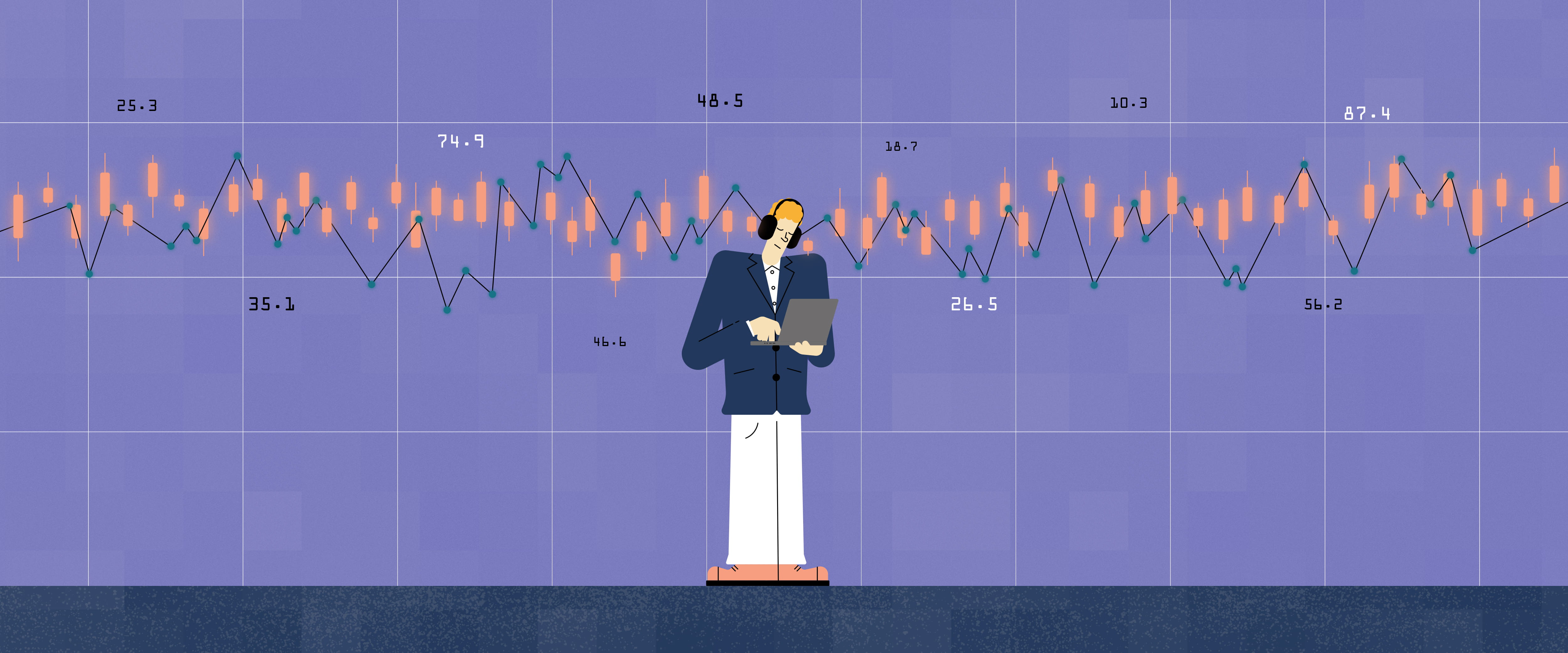 Illustration of a man on a laptop wearing headphones, with market graphs behind him.