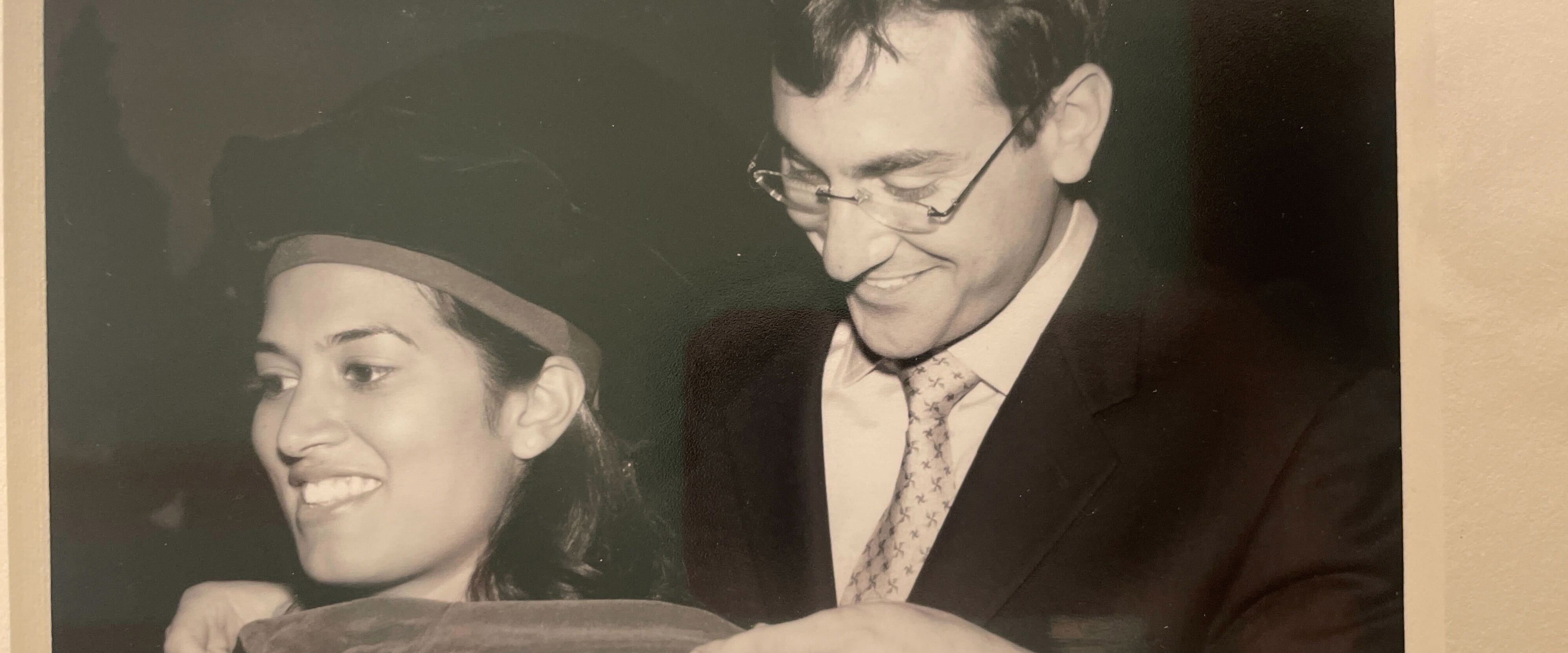 A black-and-white photo of Matt Levin and his wife Deneese during graduation.