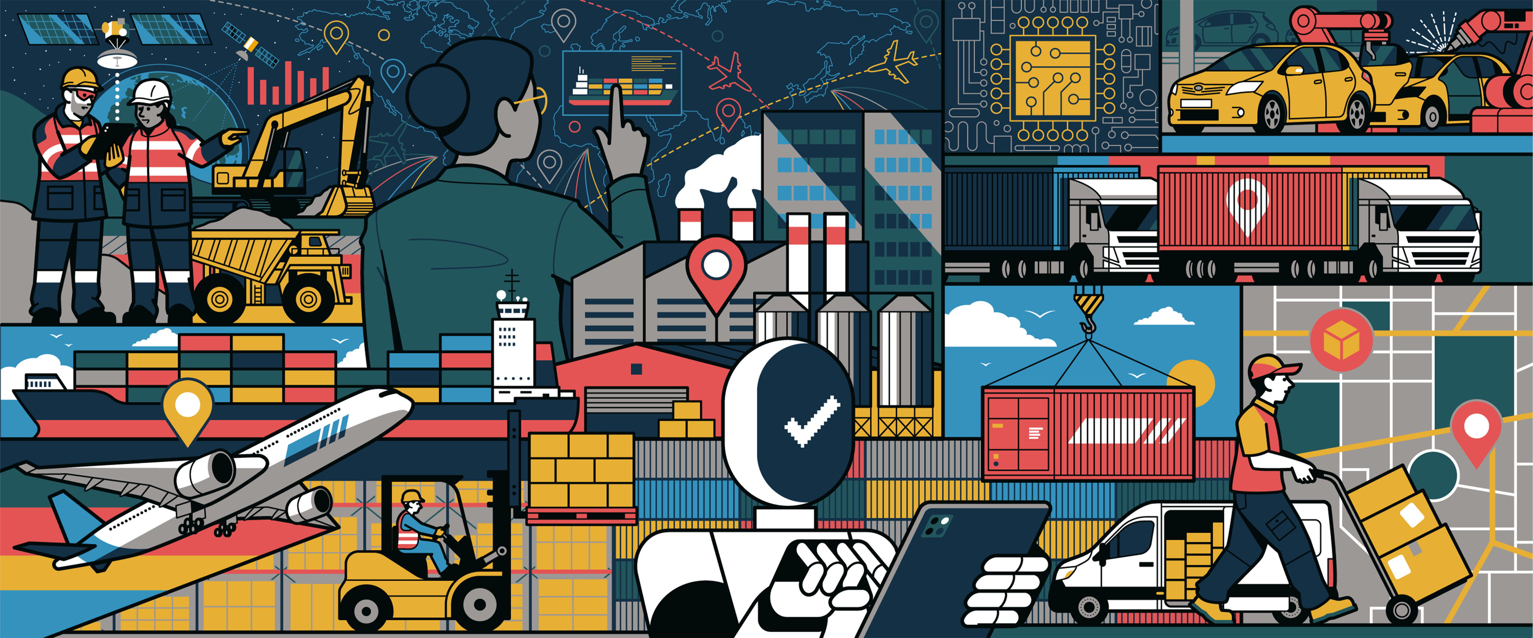 A collage of cars, trucks, planes, and workers.