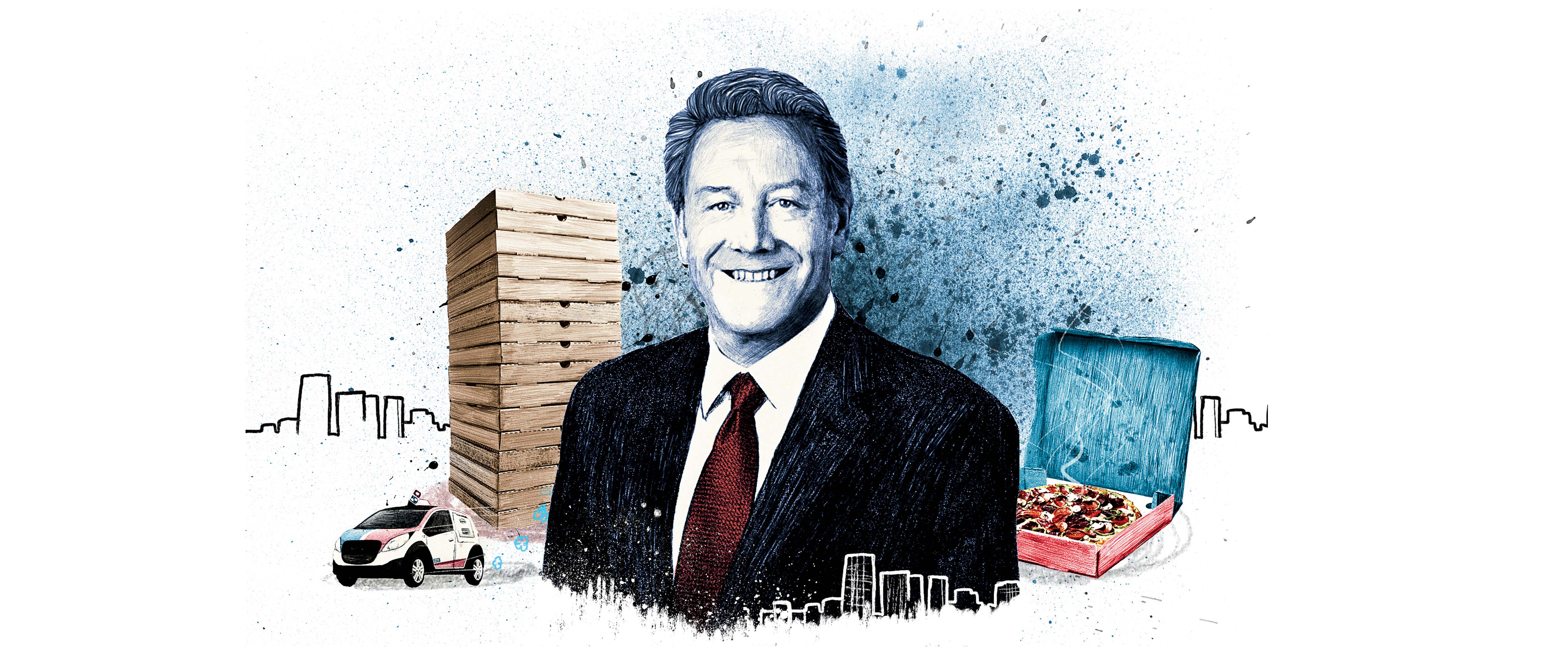 A mixed-media illustration shows Patrick Doyle standing against a splattered blue background, with stacked pizza boxes and ingredients behind him.