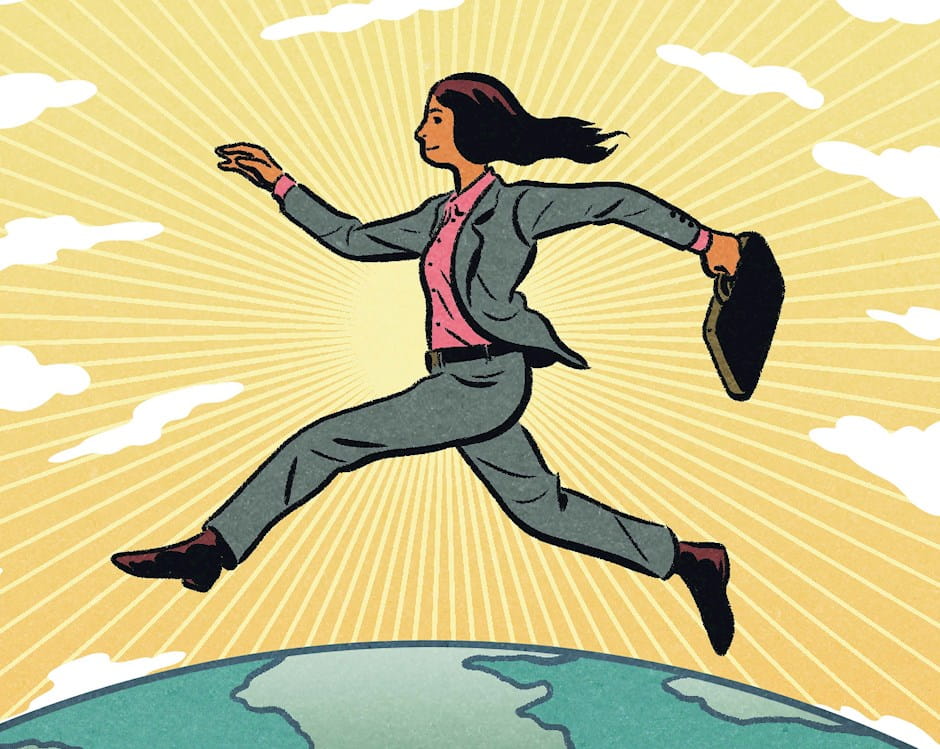 In this illustration a business woman with a briefcase runs on top of the globe, while yellow light and clouds angle out from a center point behind her.