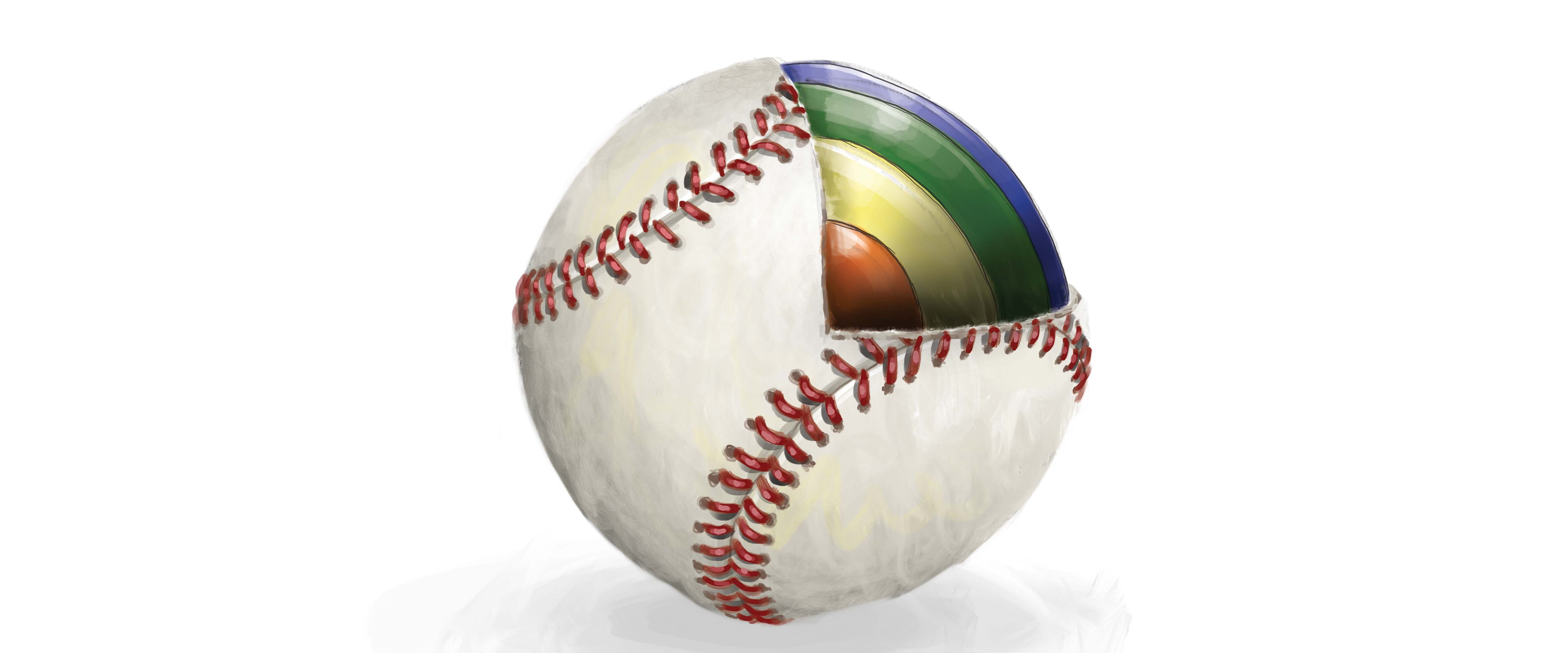 A baseball is cut away to reveal a quarter of a circle graph.