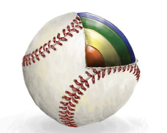 A baseball is cut away to reveal a quarter of a circle graph.