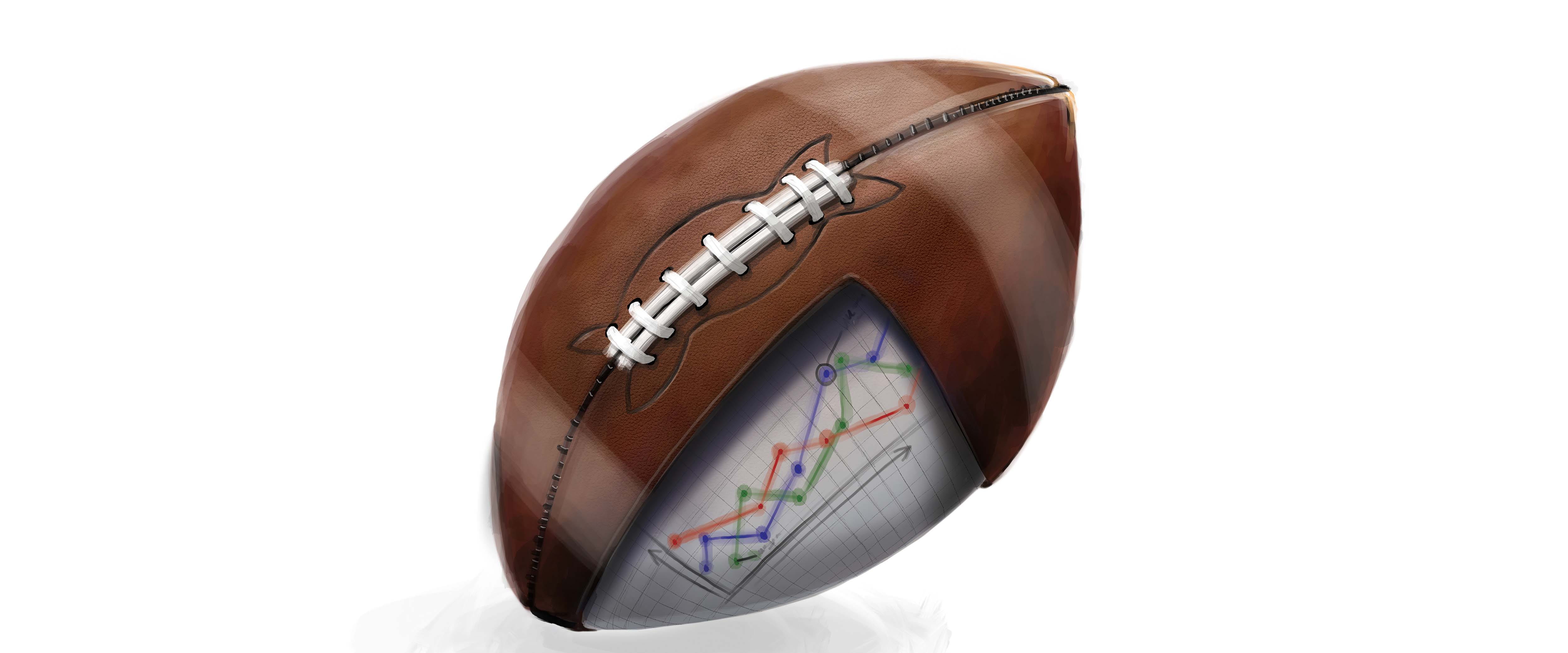 A football has a lower quarter removed, revealing graph paper covered in a line chart.