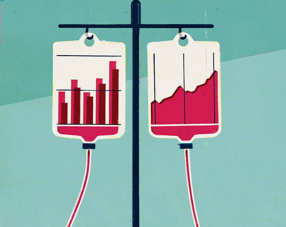 An illustration of two blood bags hanging on an IV rack. The blood in the one bag forms a bar graph, and the other forms a line graph.