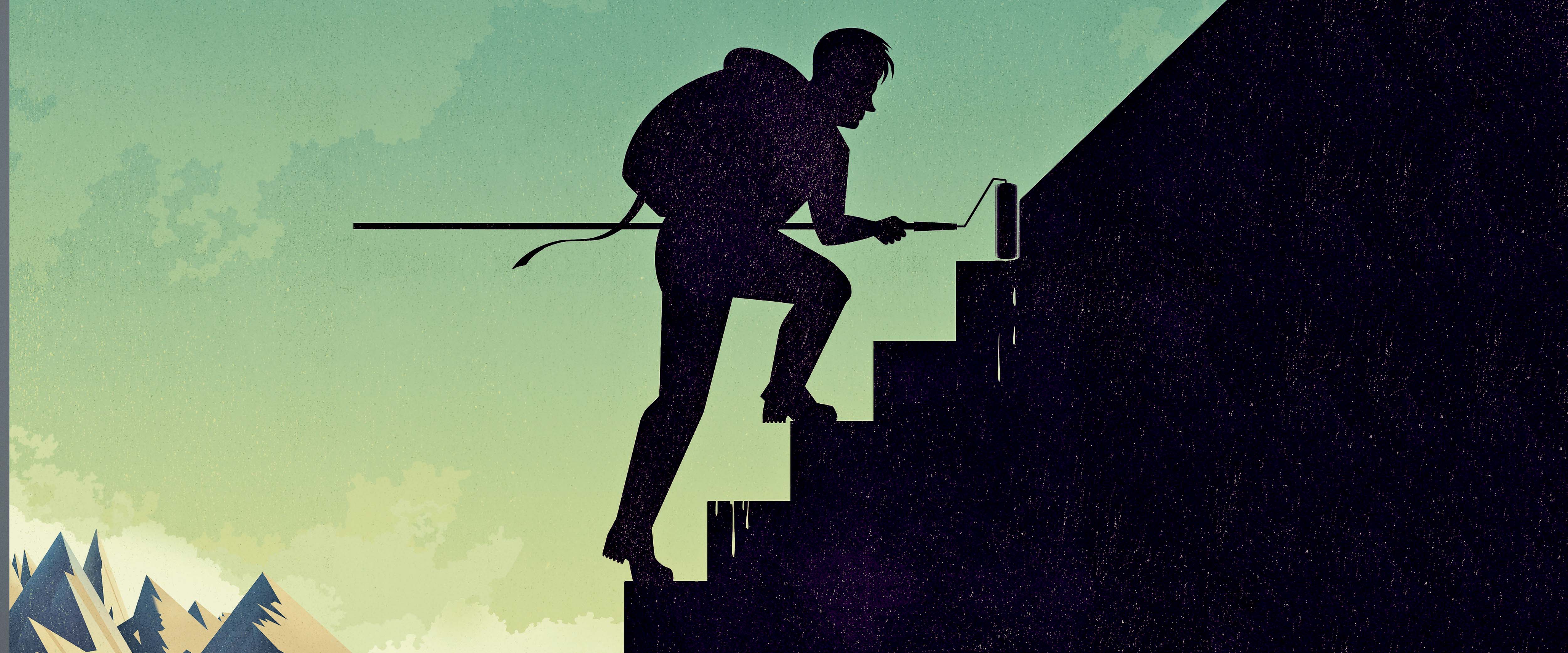 An illustrated man carrying a hiker's pack and a long-handled paint roller climbs a sharp angle. As he climbs, the angle becomes steps. Car in the background are mountain peaks.