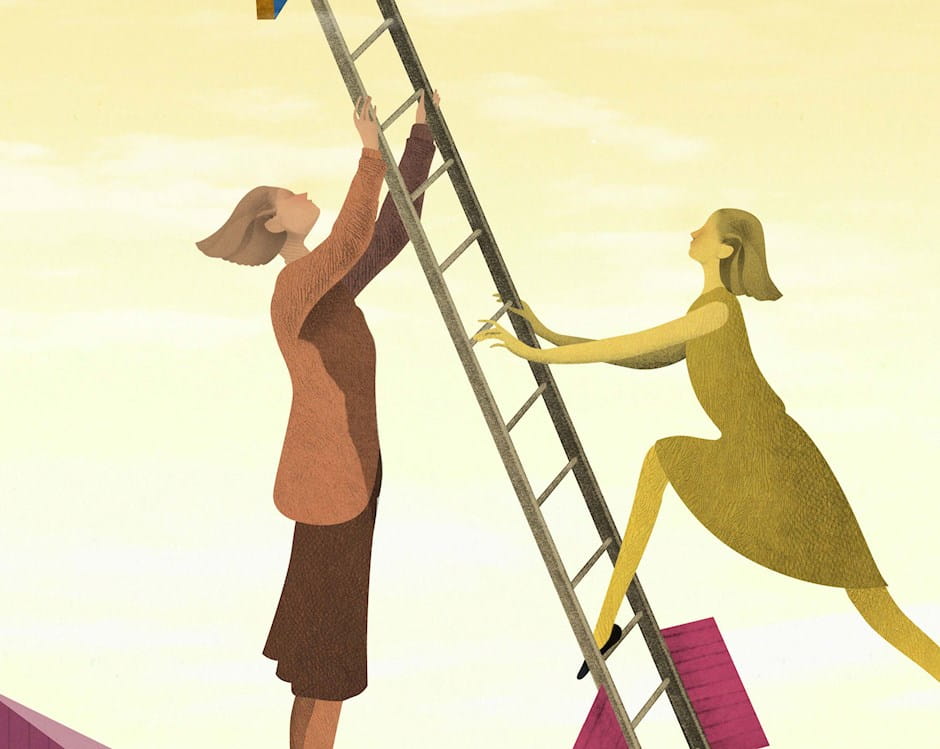 Illustration of a woman holding a ladder for another woman to climb.