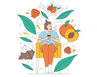 Illustration of a woman sitting and drinking fruited tea