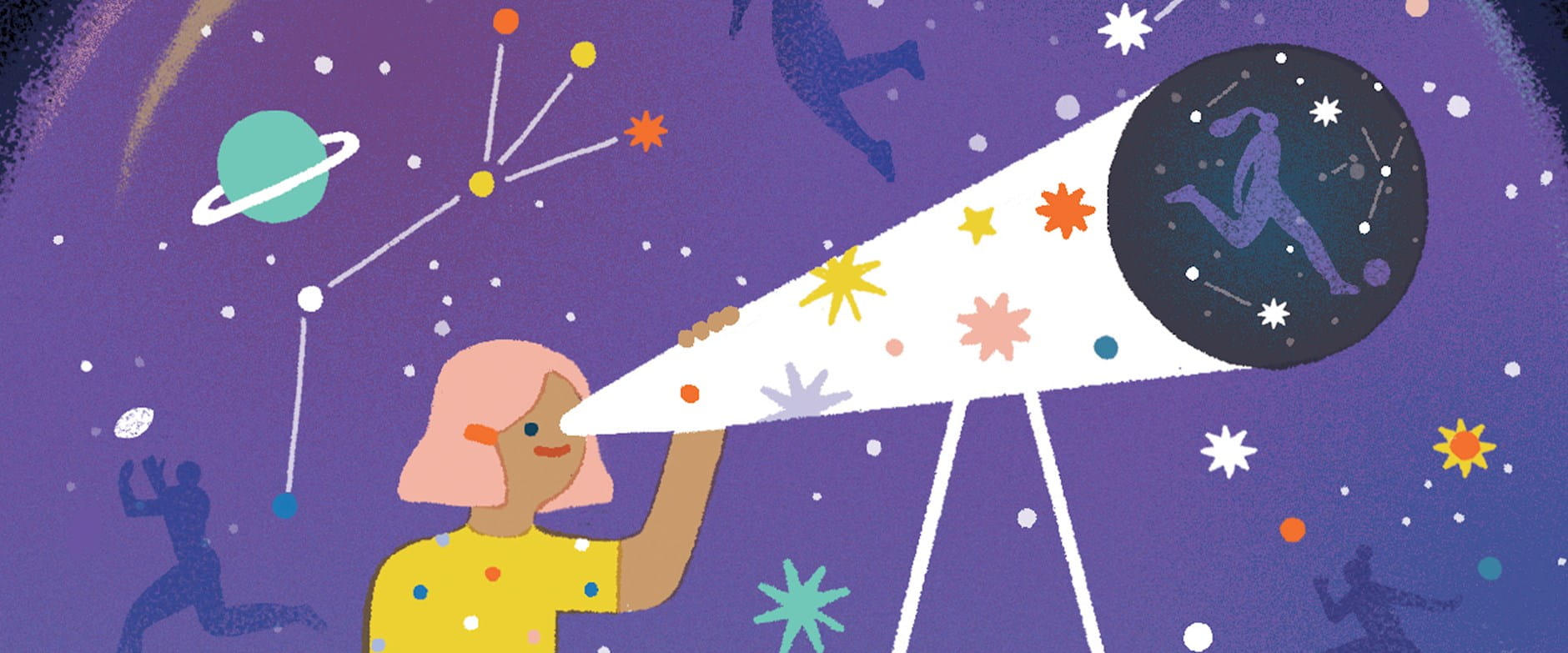 Illustration of a girl looking through a telescope seeing sports player in stars