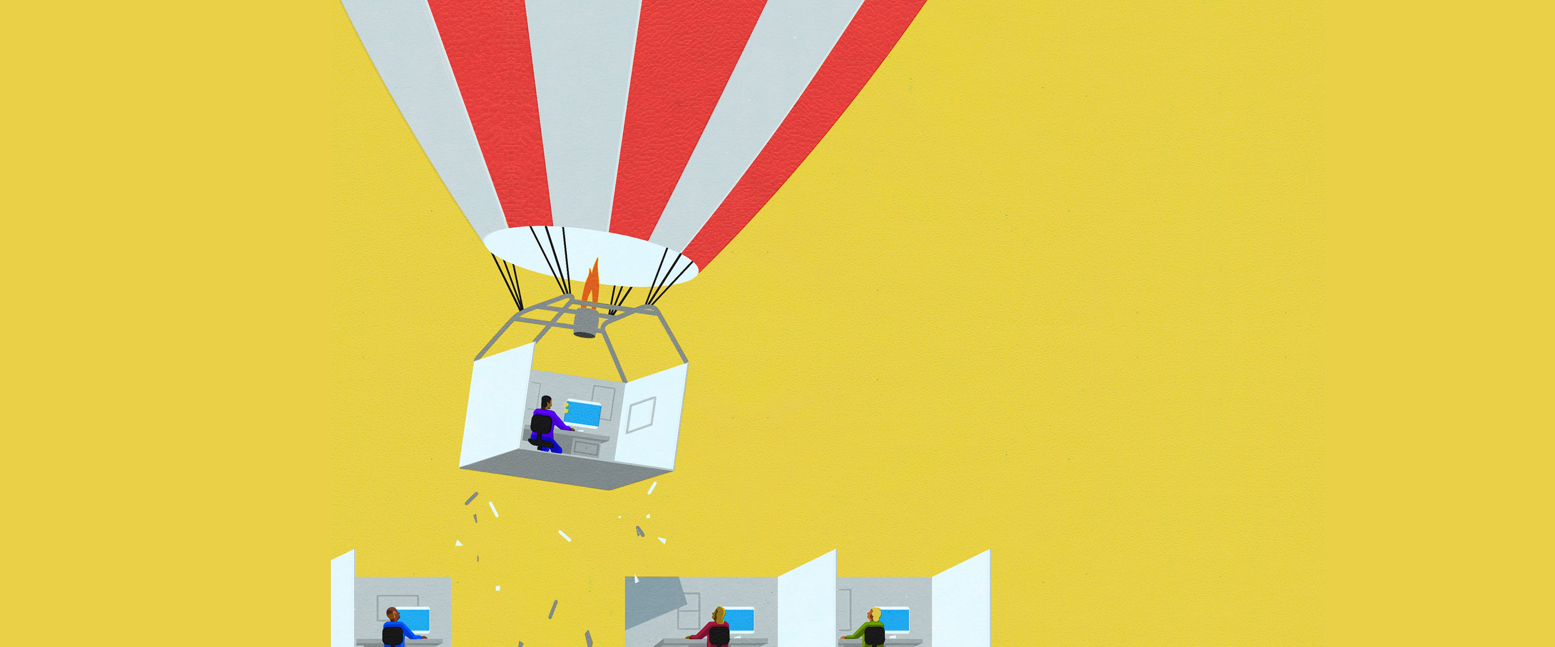 Illustration of a cubicle lifted in the air by a hot air balloon