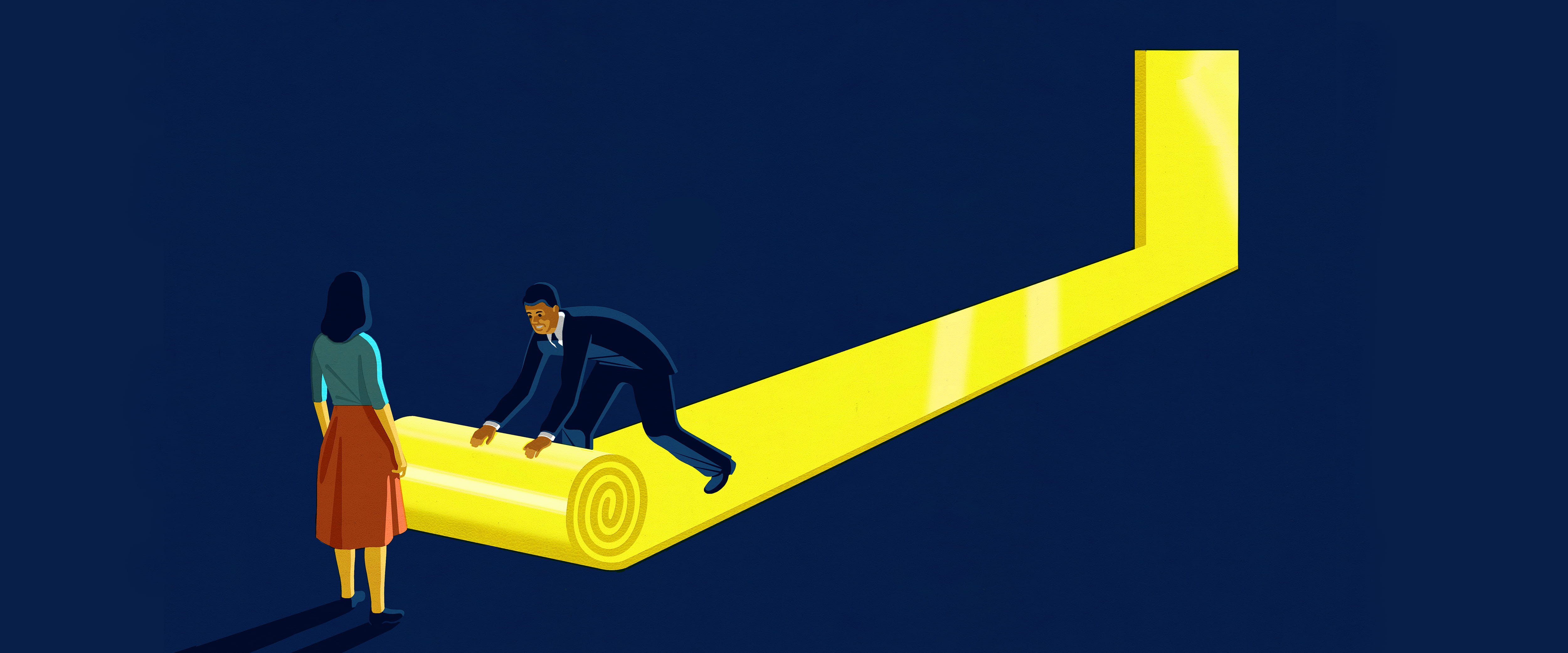 Illustration of a man unrolling a yellow carpet and a woman watching
