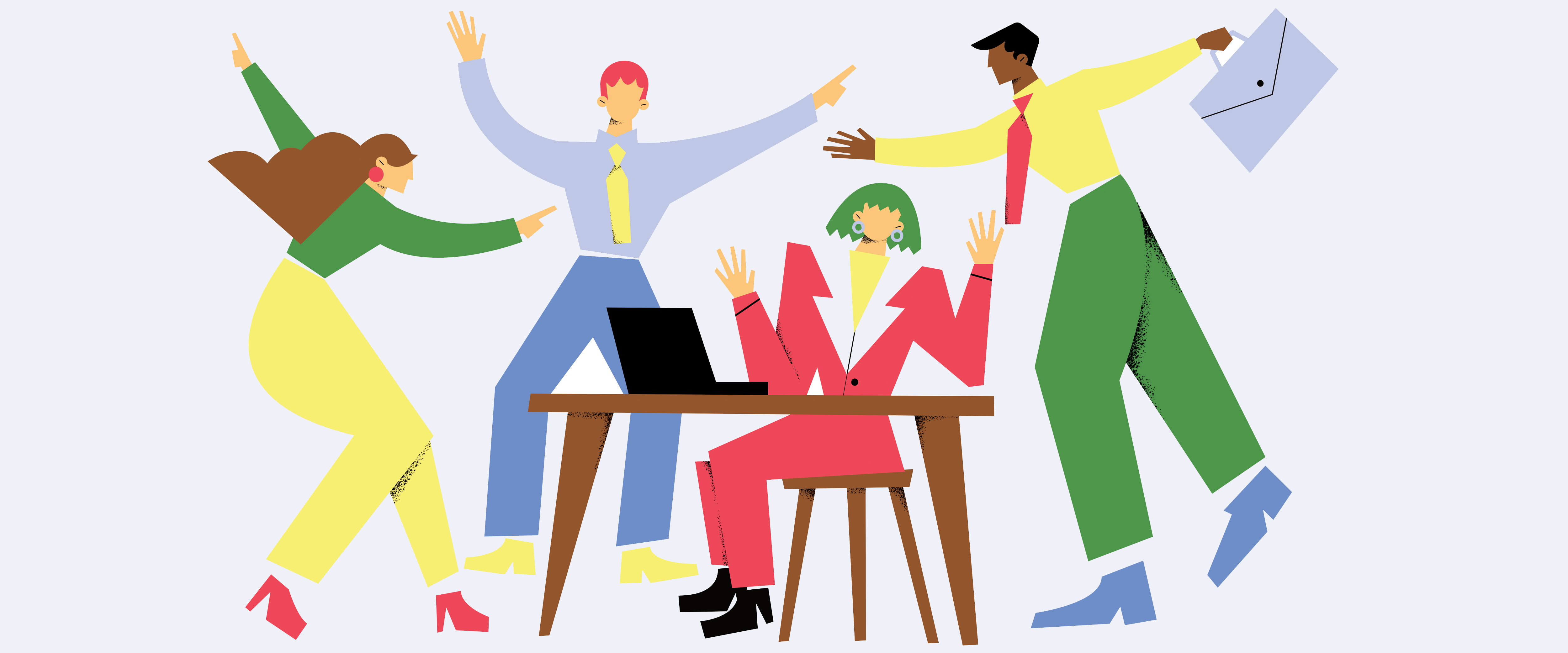 Four animated business people looking at a laptop and celebrating 