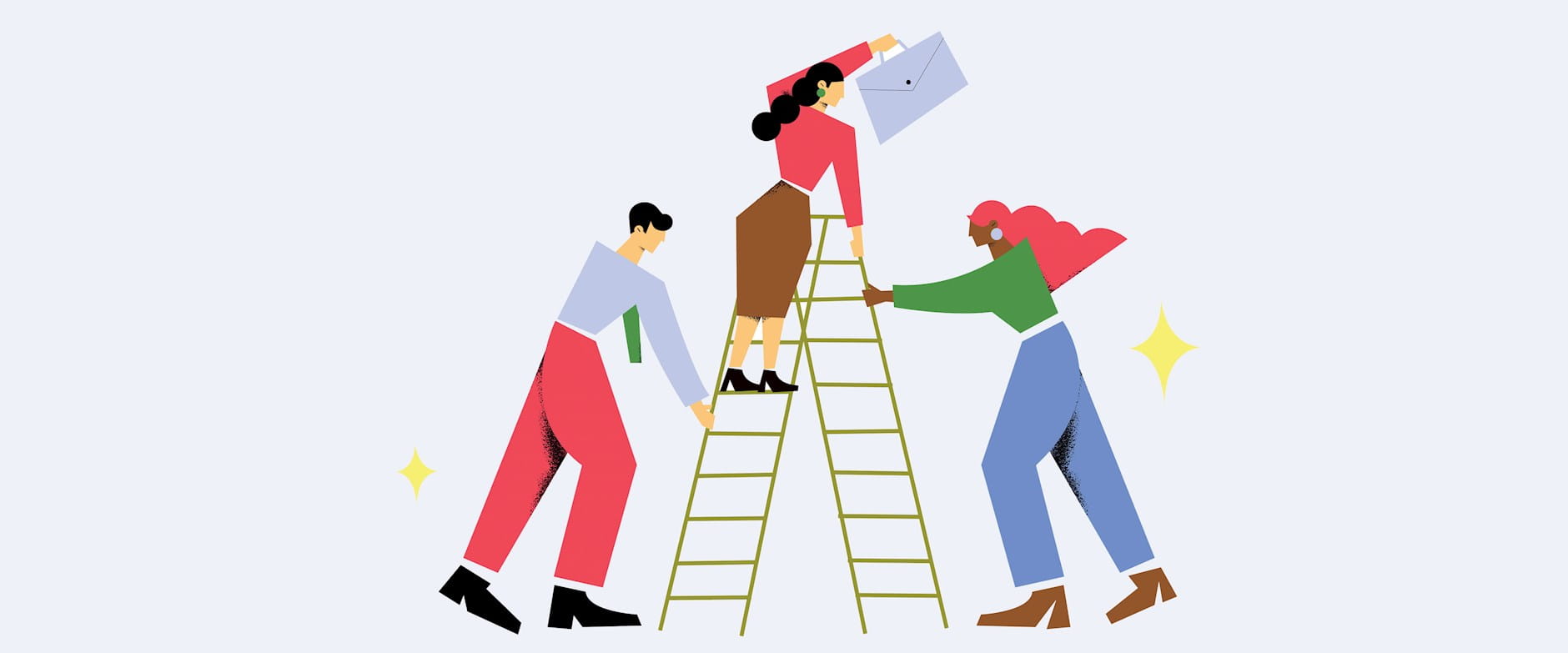 A business person climbing a ladder with the help of two colleagues