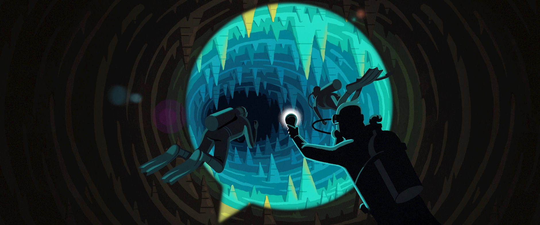 Illustration of three scuba divers diving into a cave of data 