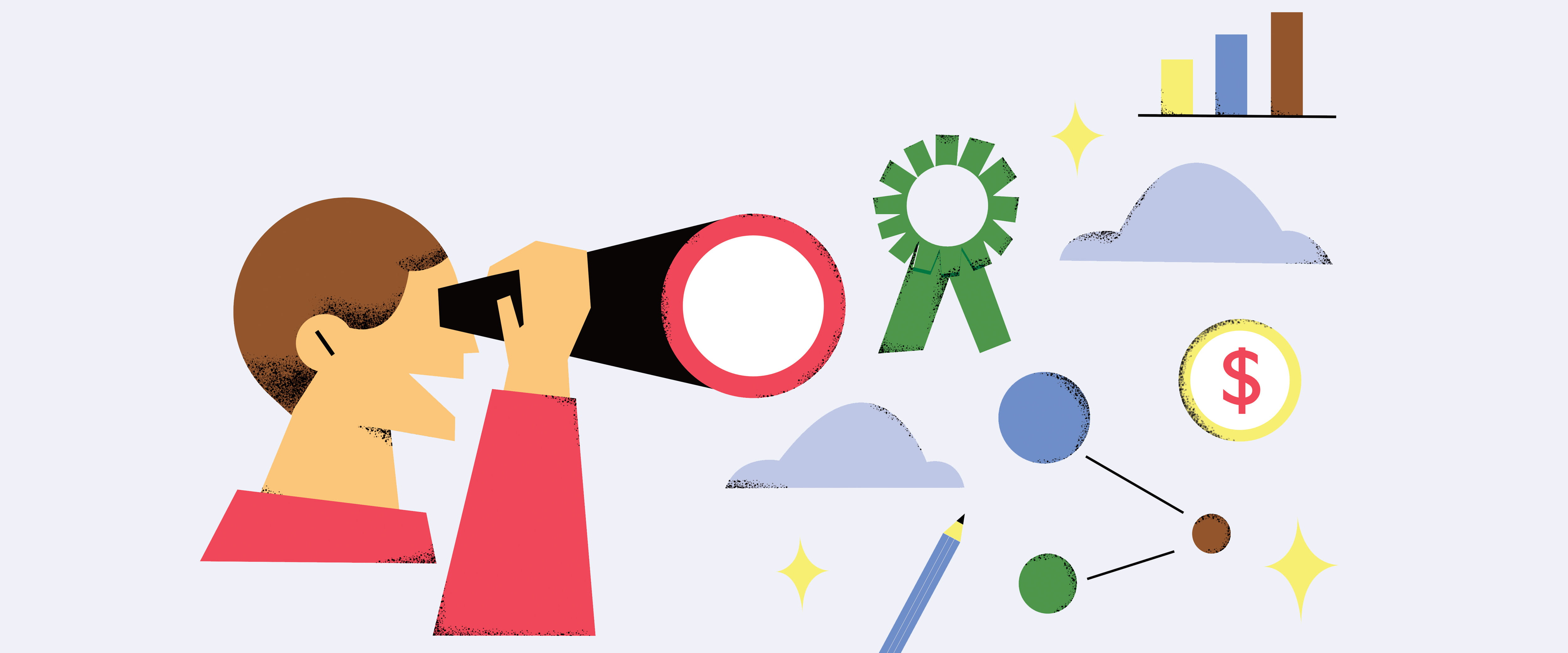 An illustrated person looking through binoculars at achievements 