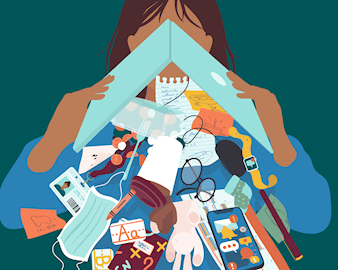 Illustrated cluttered everyday items dumped out of laptop