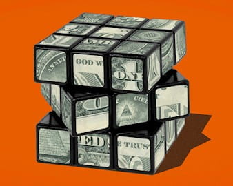 Money pattern rubik's cube in front of orange background