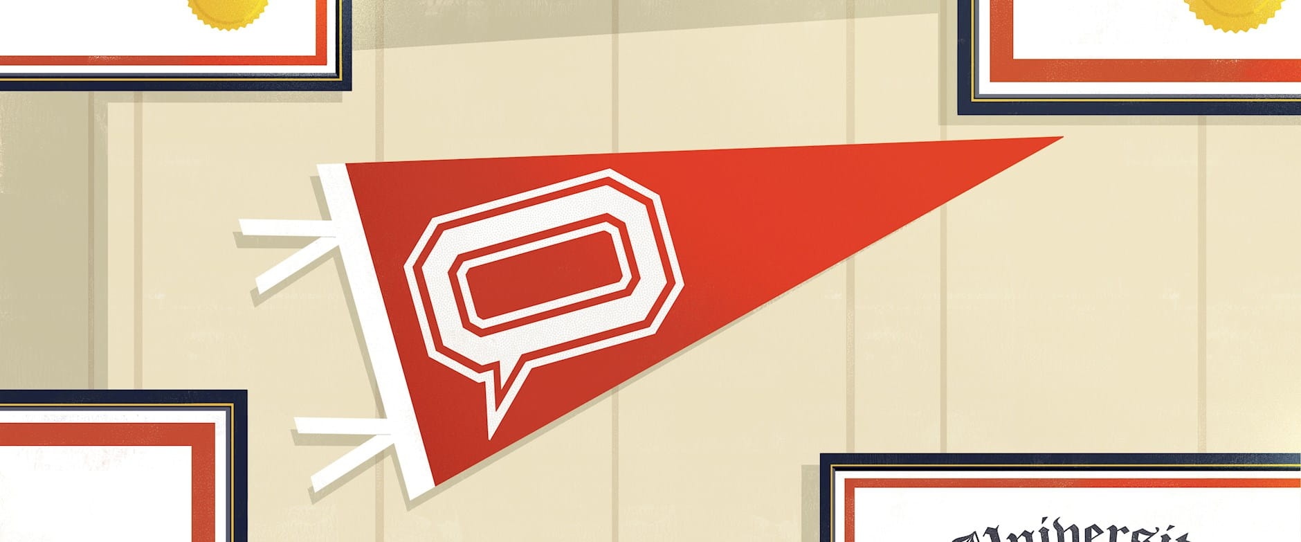 Digital illustration of red college pennant on a wall