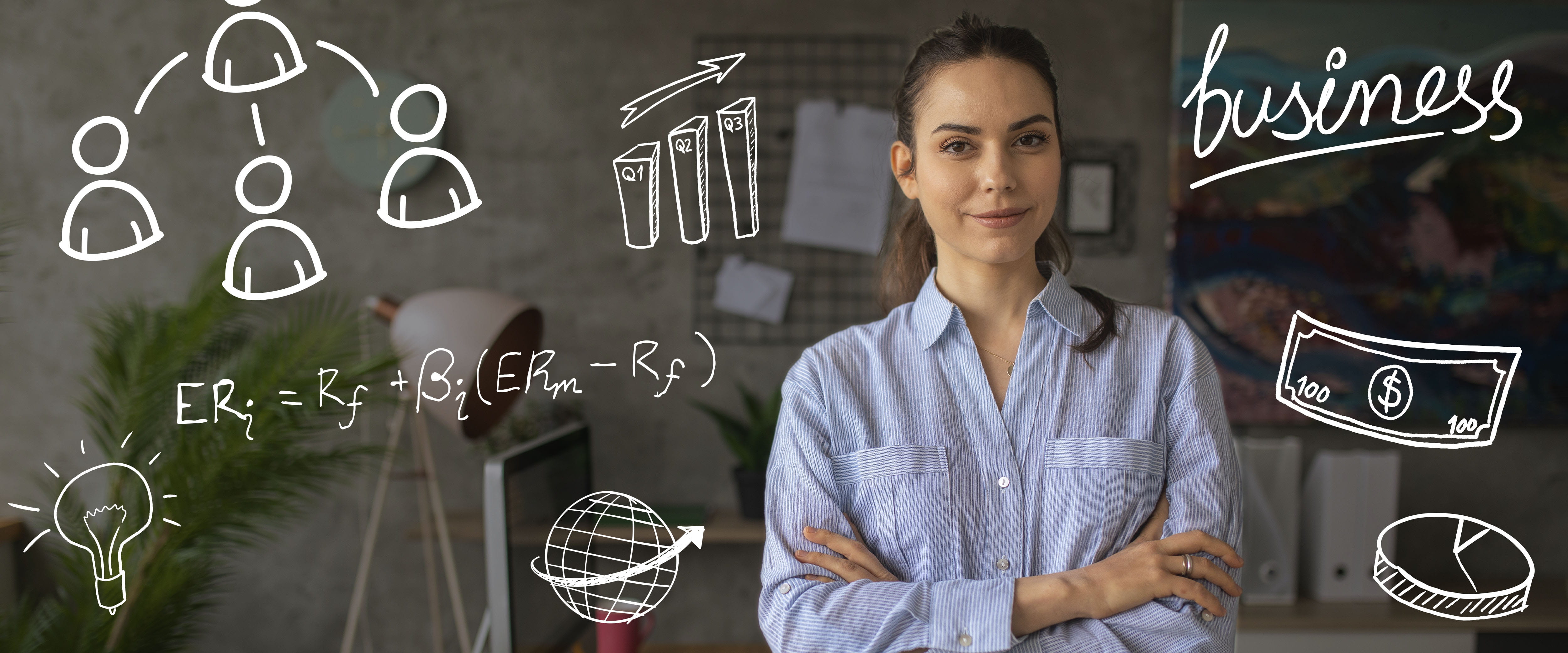 Student smiling in front of finance icons