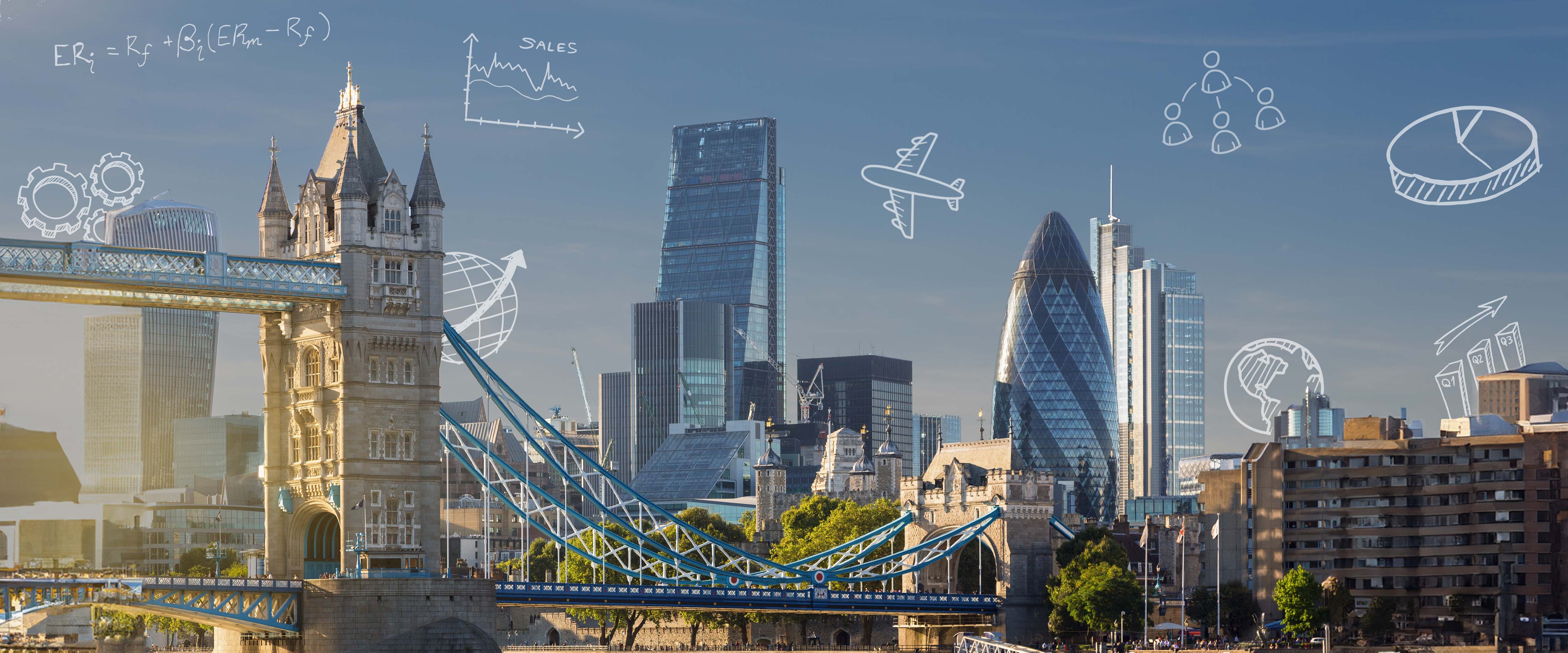 London financial district skyline with finance iconography