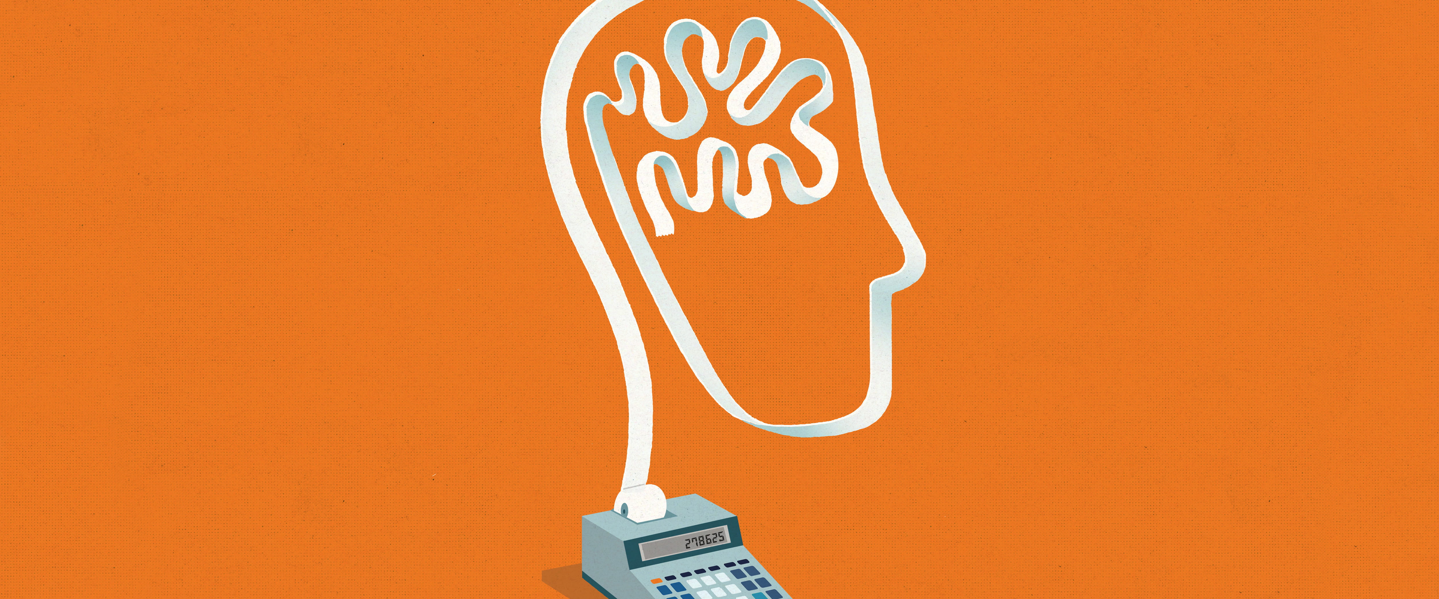 Graphic of calculator machine with tape forming shape of a brain 