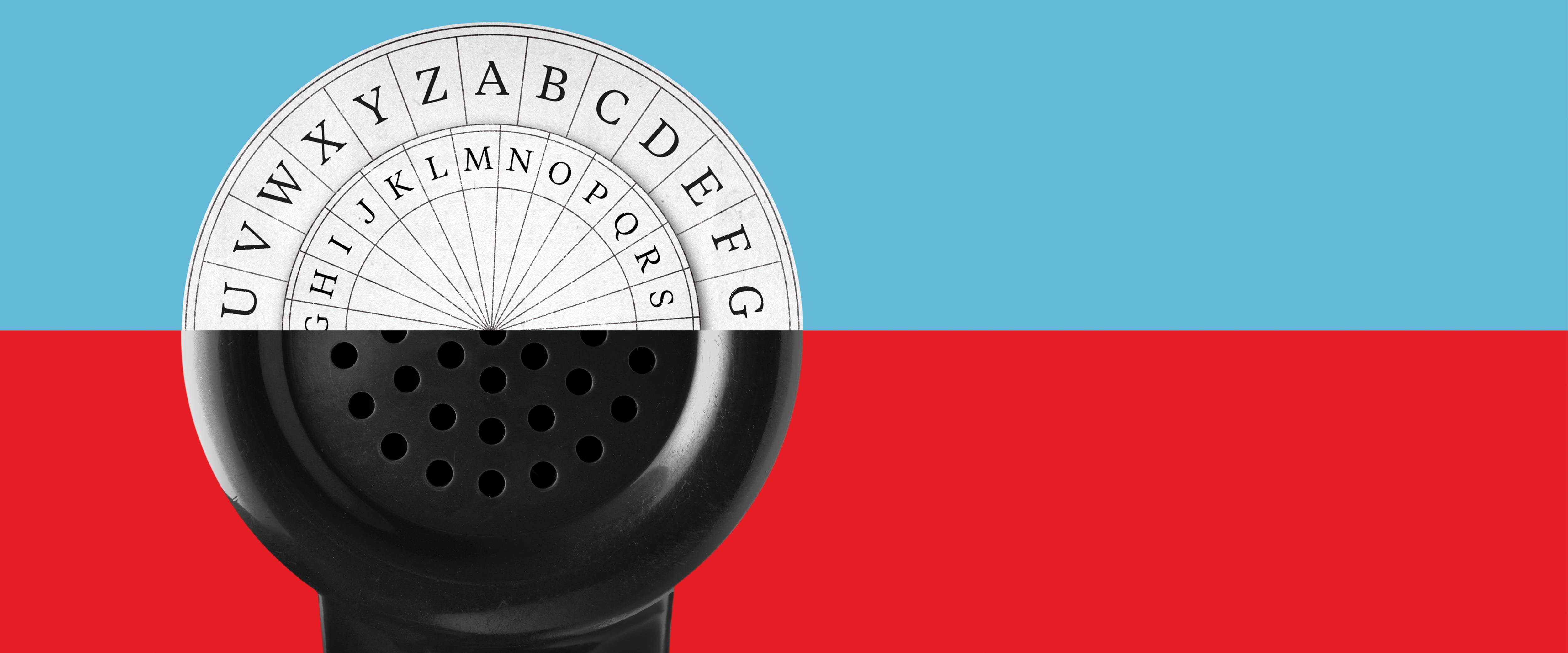 Graphic of telephone earpiece divided in half, with top half revealing hidden letters