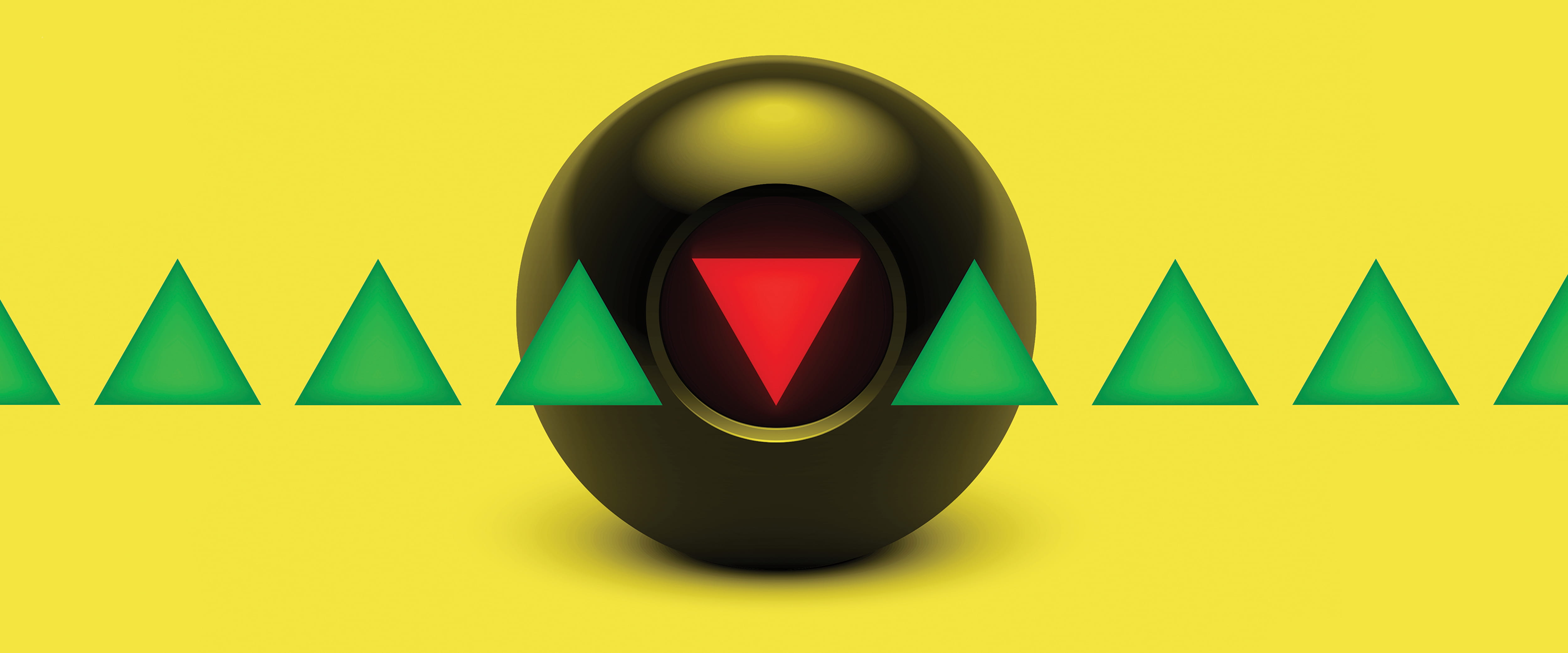 Graphic of magic eight ball showing red triangle pointing down, with pattern of green triangles pointing up to left and right
