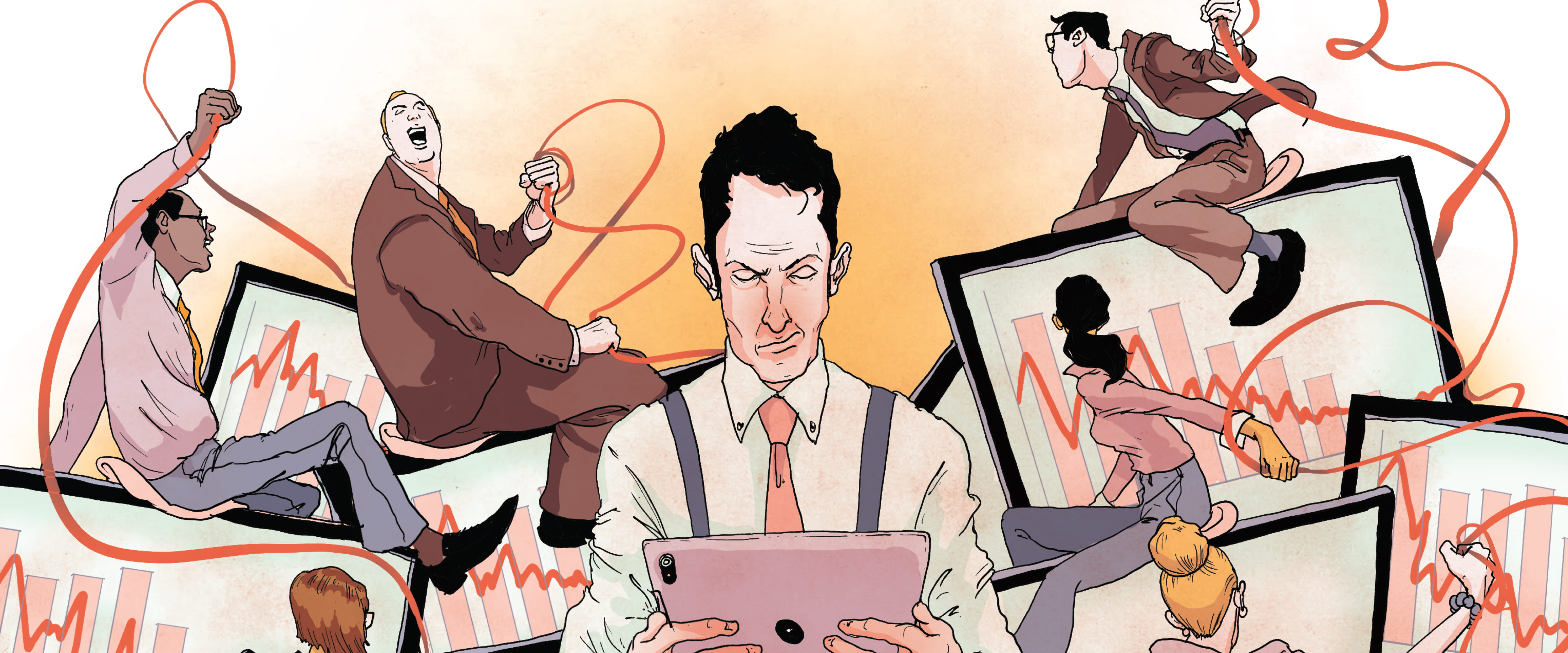 Illustration of man studying tablet while people in background manipulate bar graphs on computer screens 