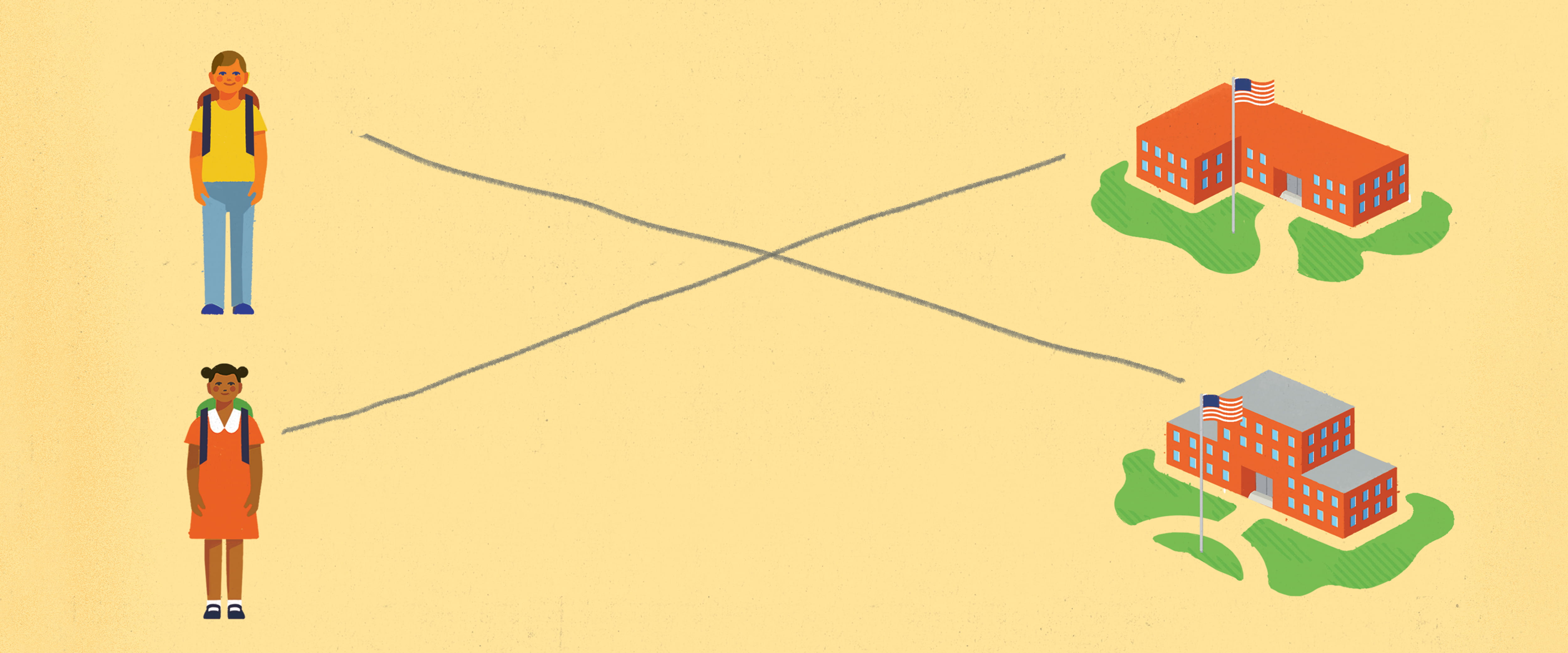 Illustration of two students being matched to different schools