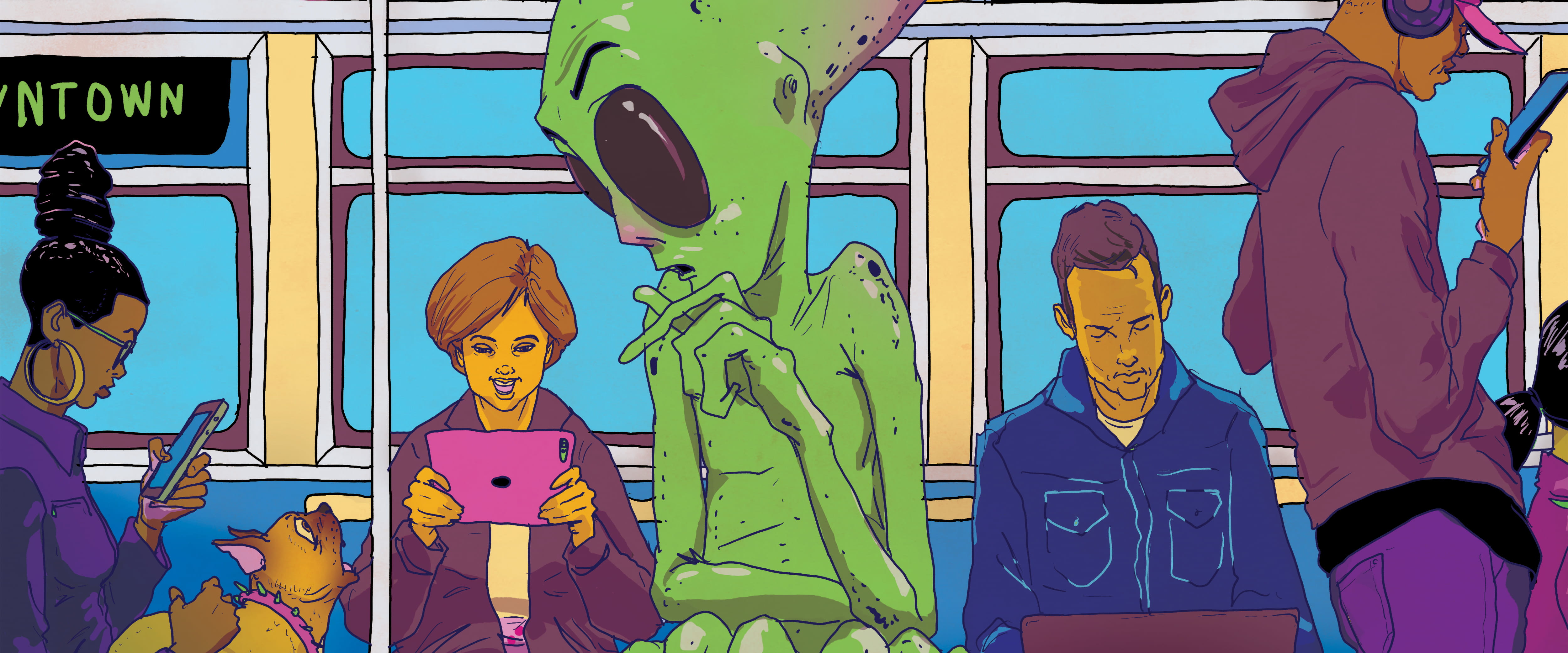 Illustration of people commuting via train, all looking at tablet or phone screens and not seeing the large green alien overlooking a woman on her tablet.
