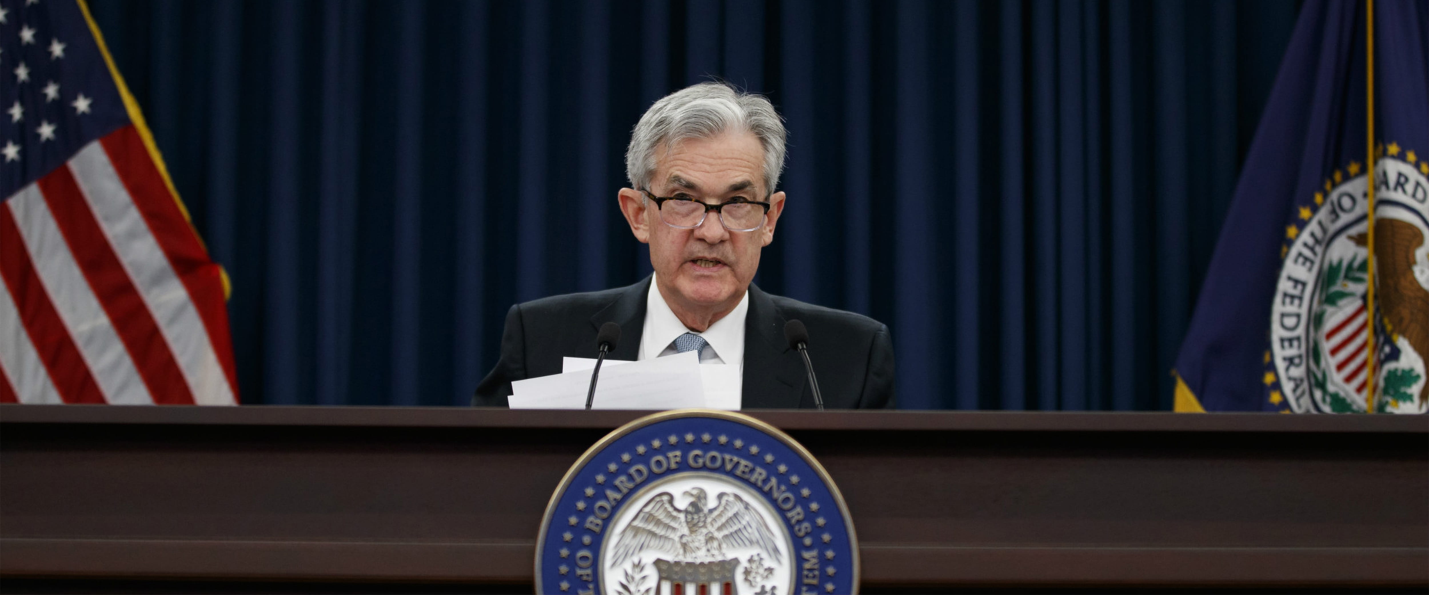 Photo of Jerome Powell making an announcement at the U.S. Federal Reserve.