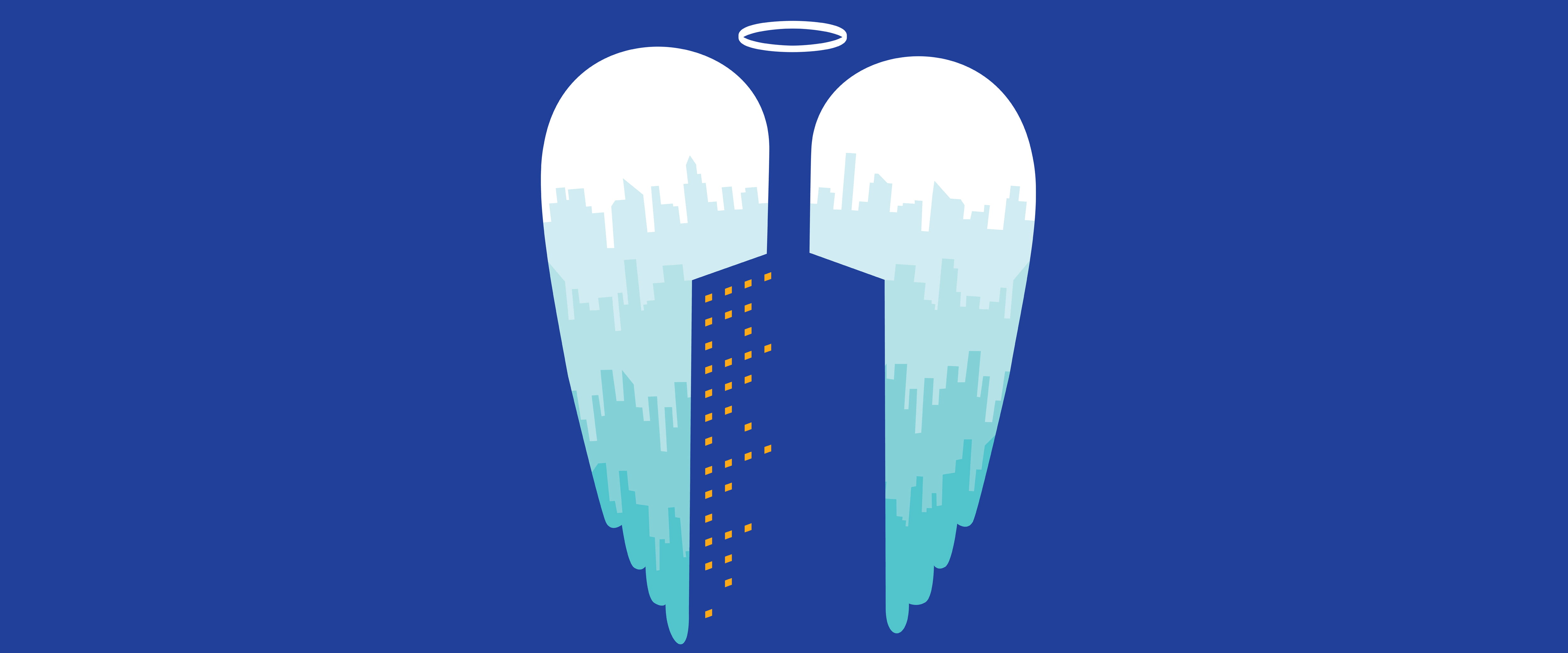 Illustration of angel wings and halo forming the shape of a building between them, with cityscape overlaying the wings to form abstract feathers.