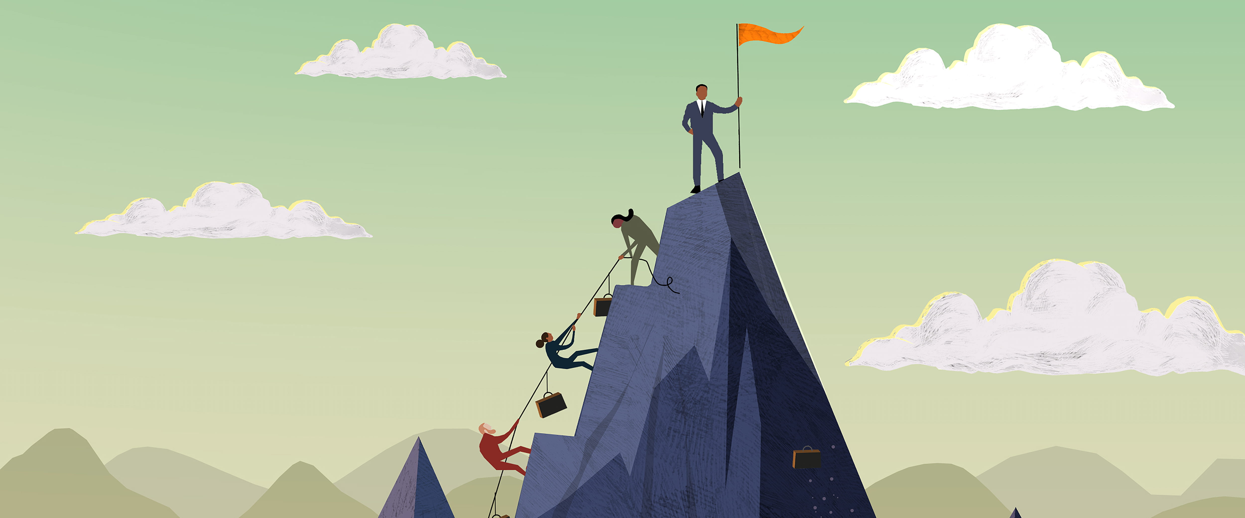 Illustration of business people climbing a mountain. One man in business suit has reached the top and is holding an orange pennant. Three others are still climbing, hauling their briefcases on ropes between them.