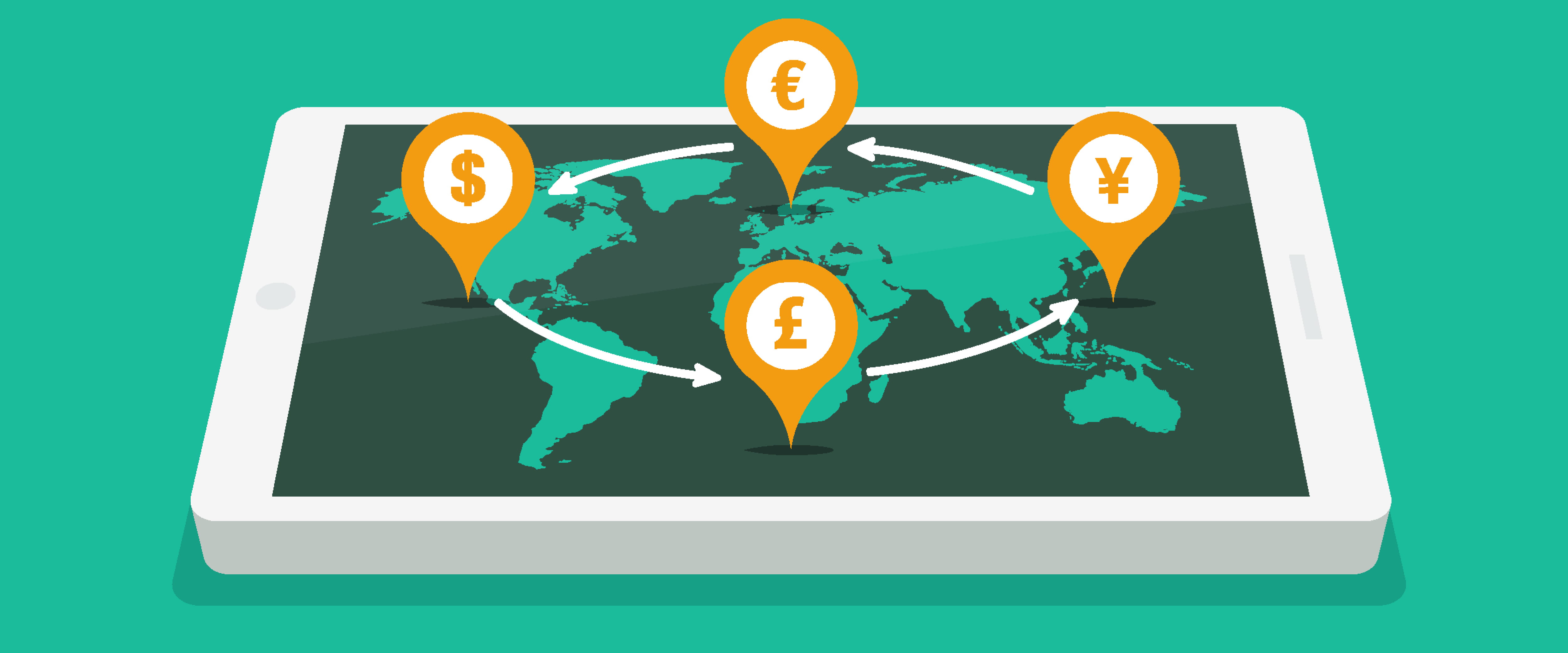 Tablet displaying a global map with markers that show different currency symbols