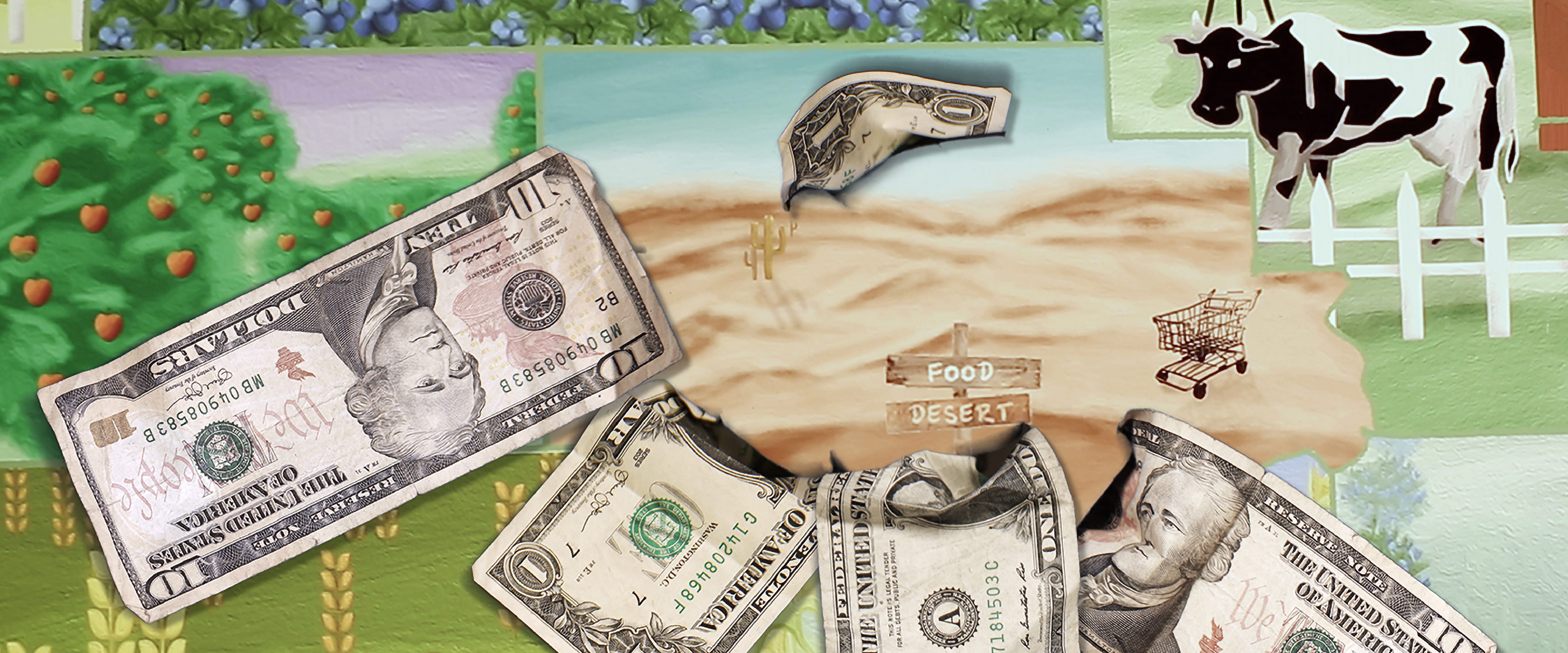 Mixed media illustration of a farm with crops separated into quadrants. In the middle of the farm is a barren dessert with dollar bills emerging from the edges.